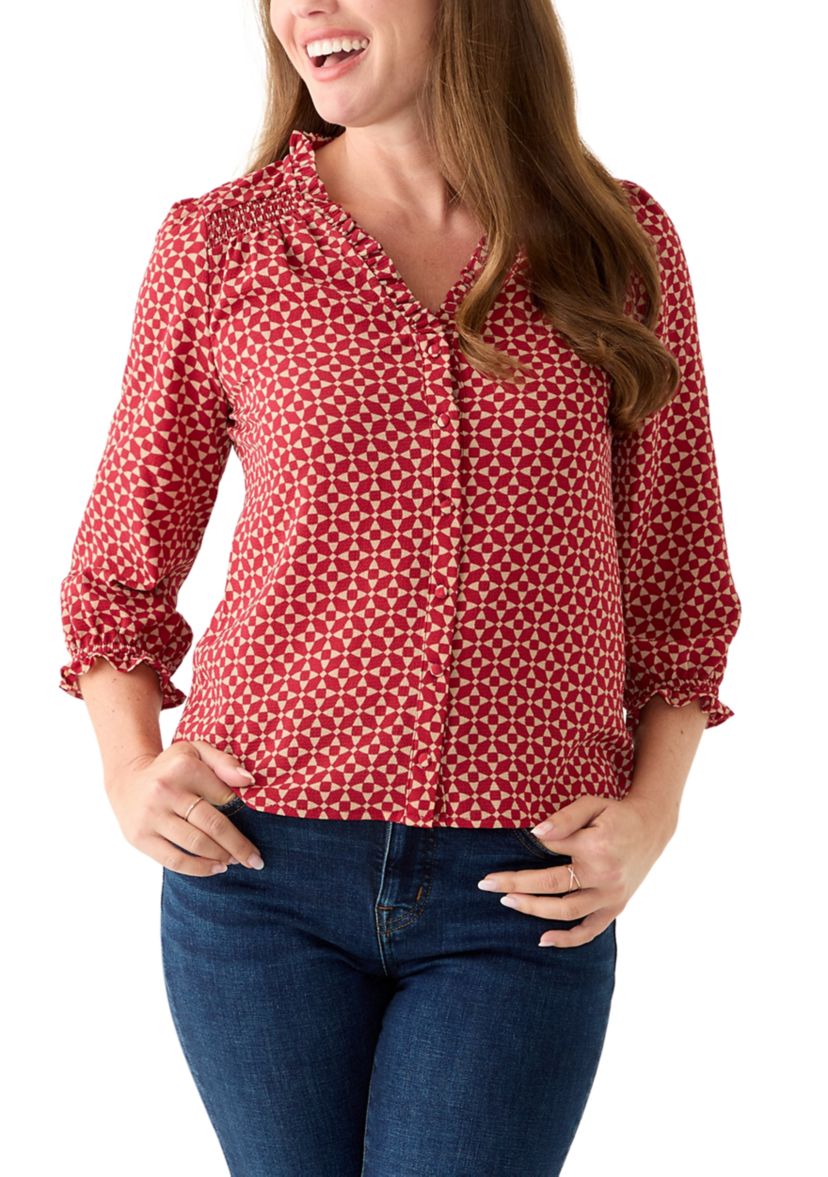 Petite 3/4 Sleeve Mulberry Red V-Neck Button Blouse