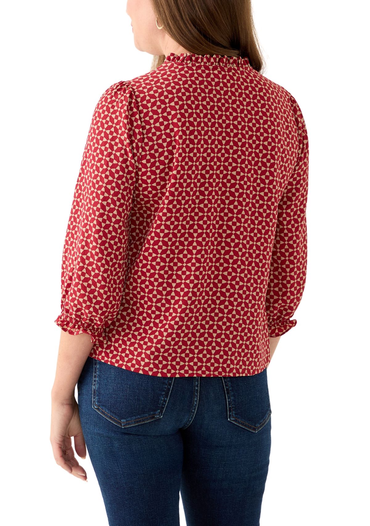 Petite 3/4 Sleeve Mulberry Red V-Neck Button Blouse