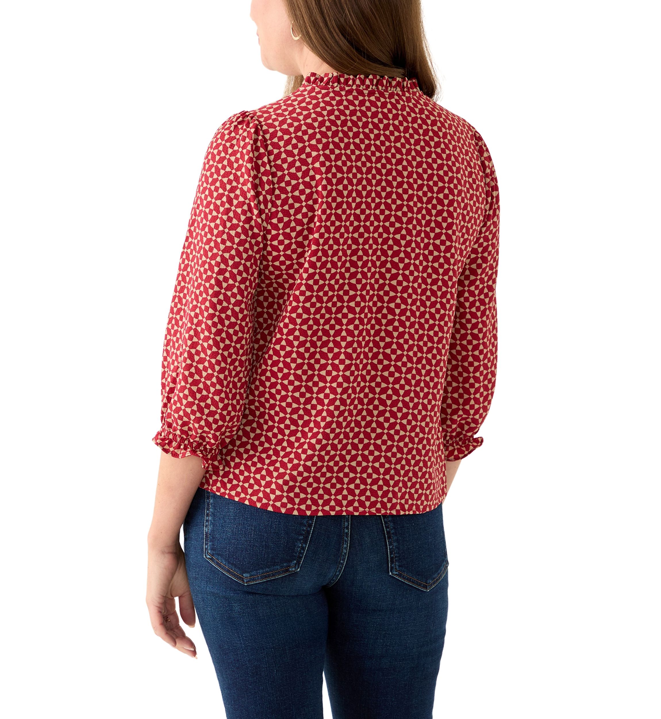 Petite 3/4 Sleeve Mulberry Red V-Neck Button Blouse