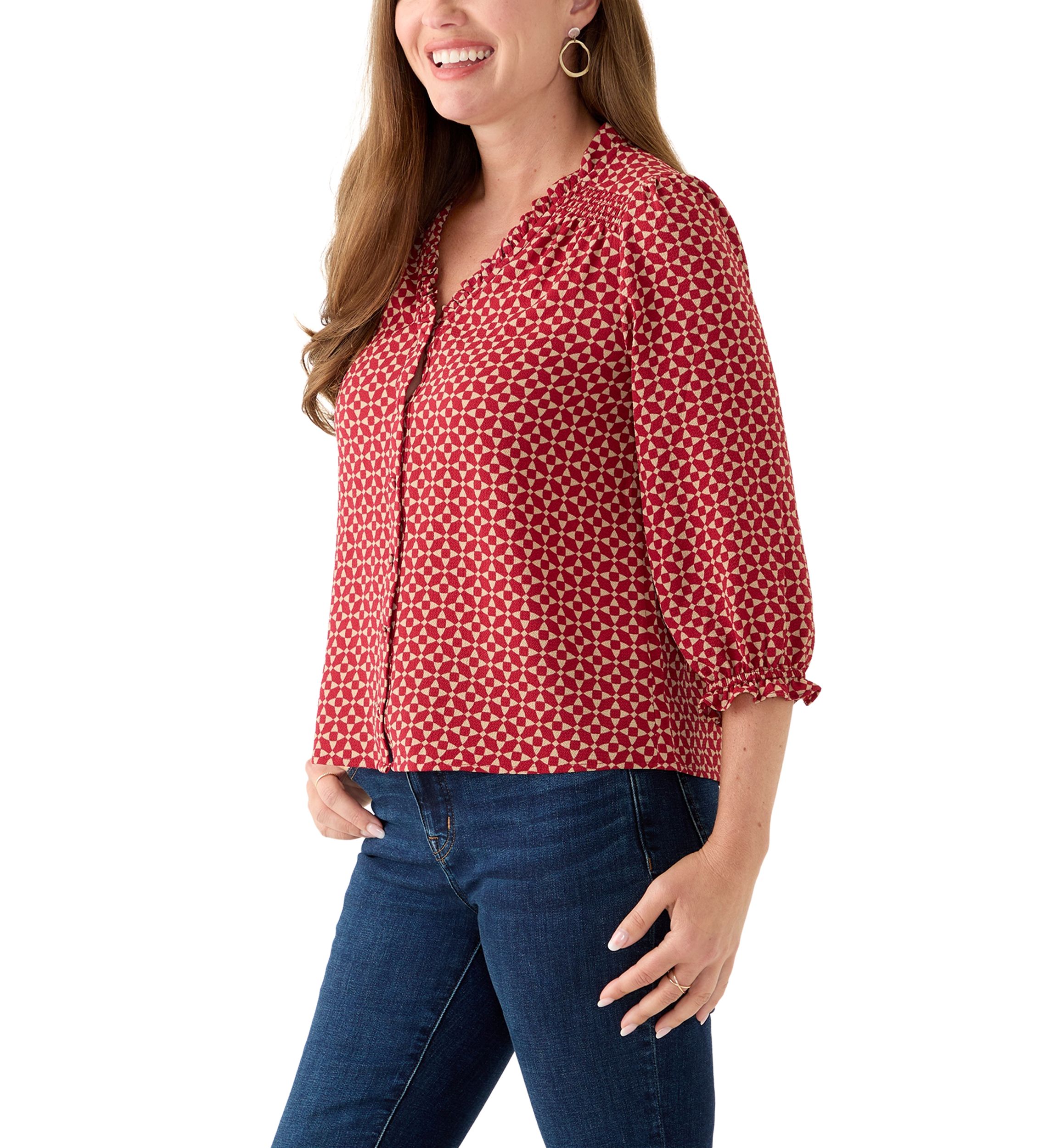 Petite 3/4 Sleeve Mulberry Red V-Neck Button Blouse