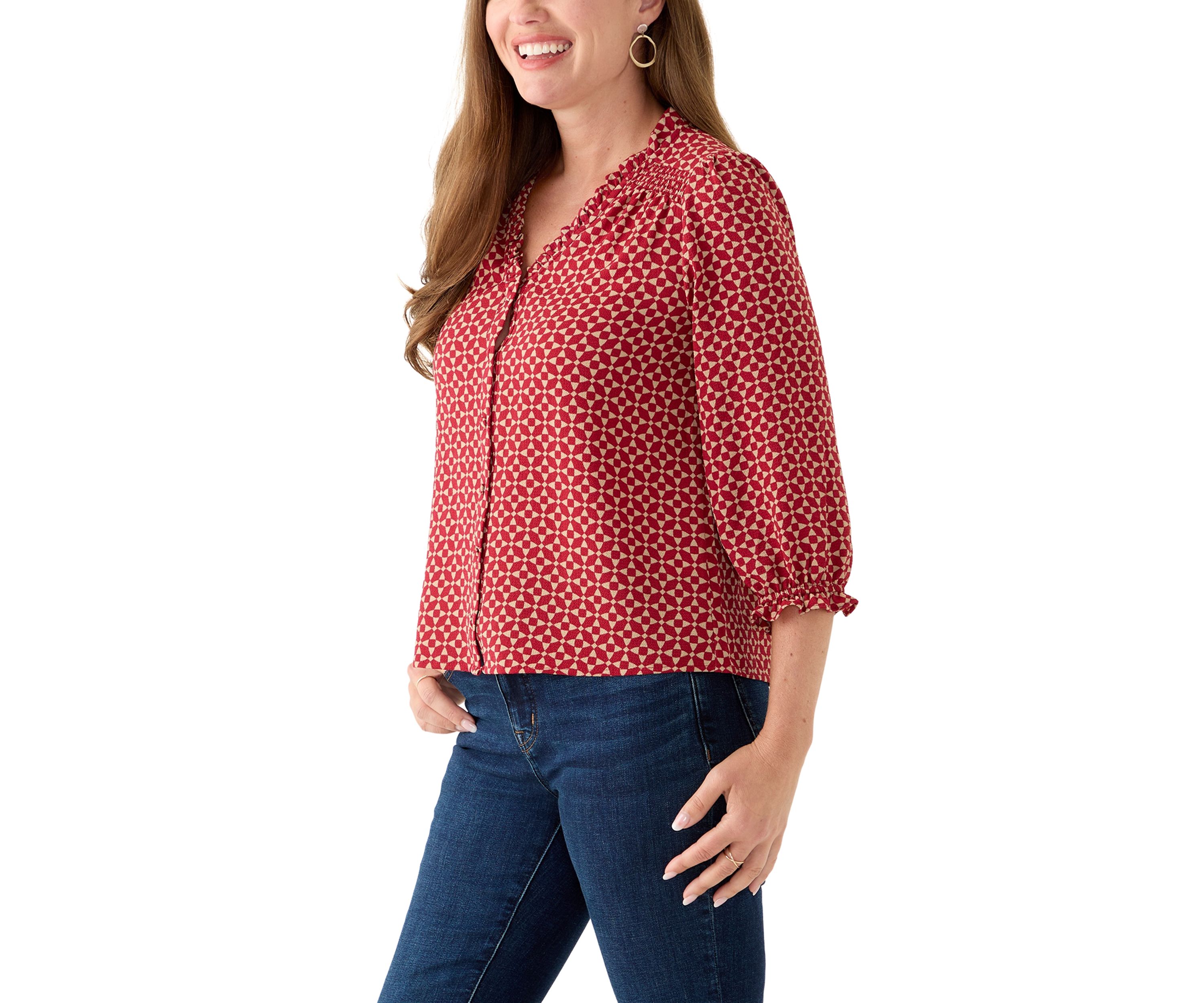 Petite 3/4 Sleeve Mulberry Red V-Neck Button Blouse