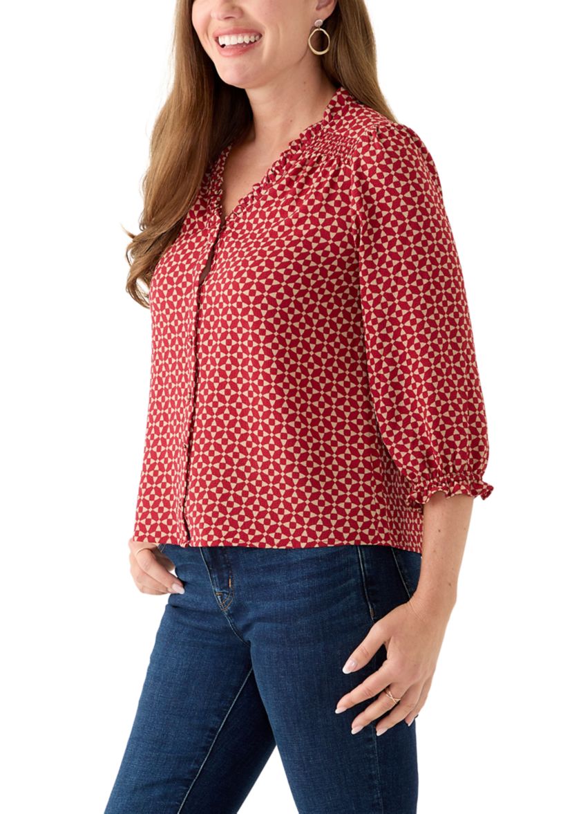 Petite 3/4 Sleeve Mulberry Red V-Neck Button Blouse