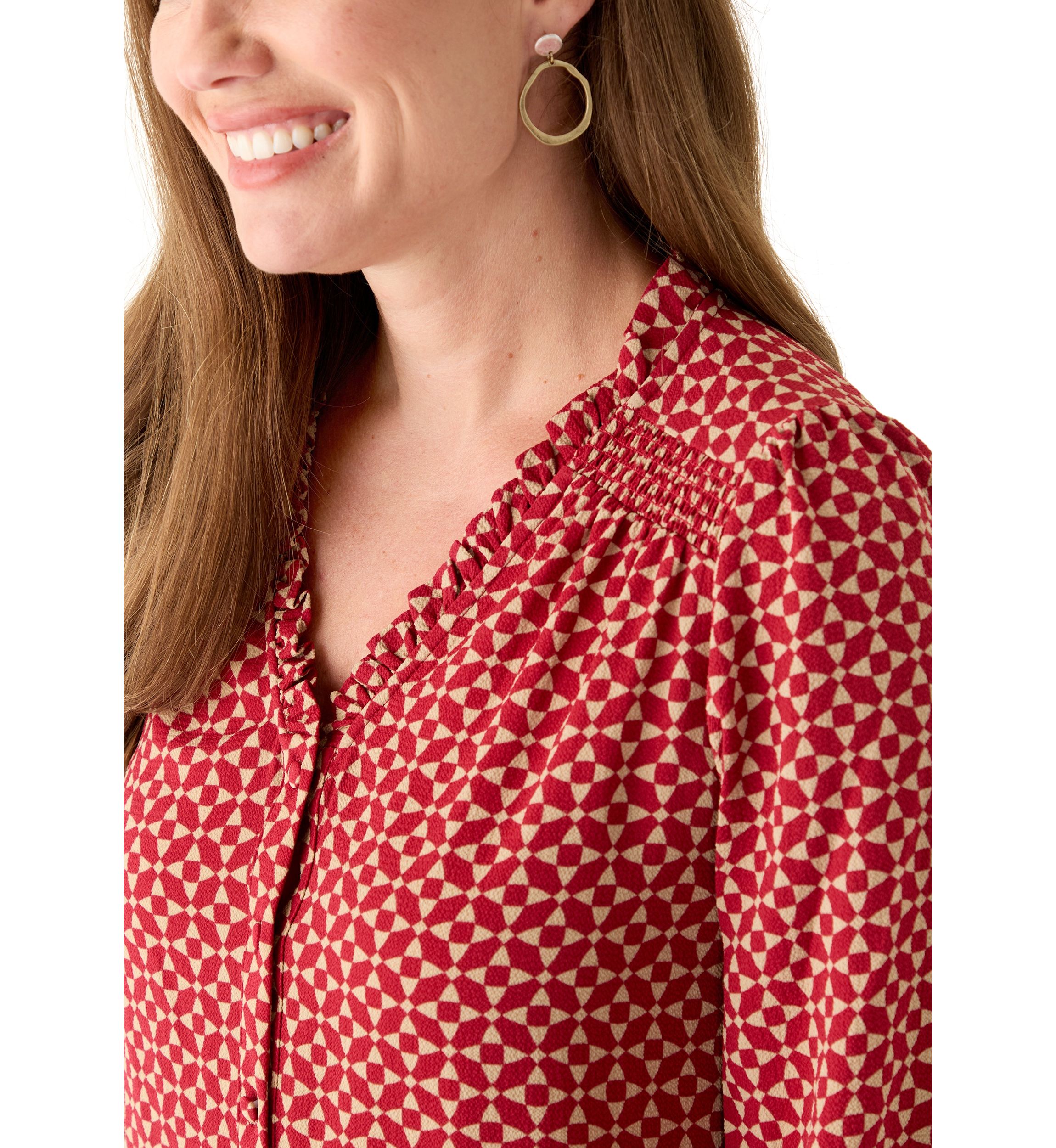 Petite 3/4 Sleeve Mulberry Red V-Neck Button Blouse