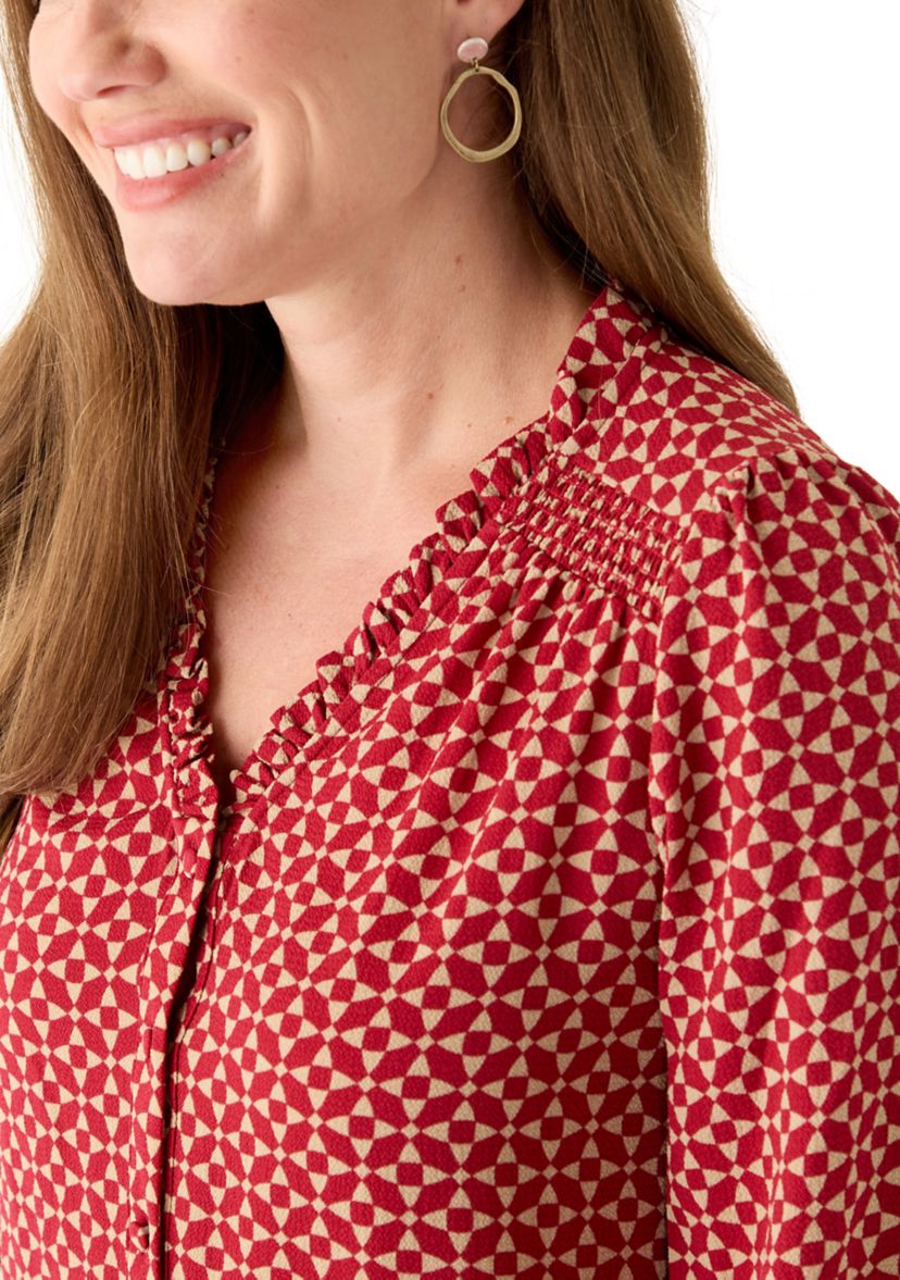 Petite 3/4 Sleeve Mulberry Red V-Neck Button Blouse