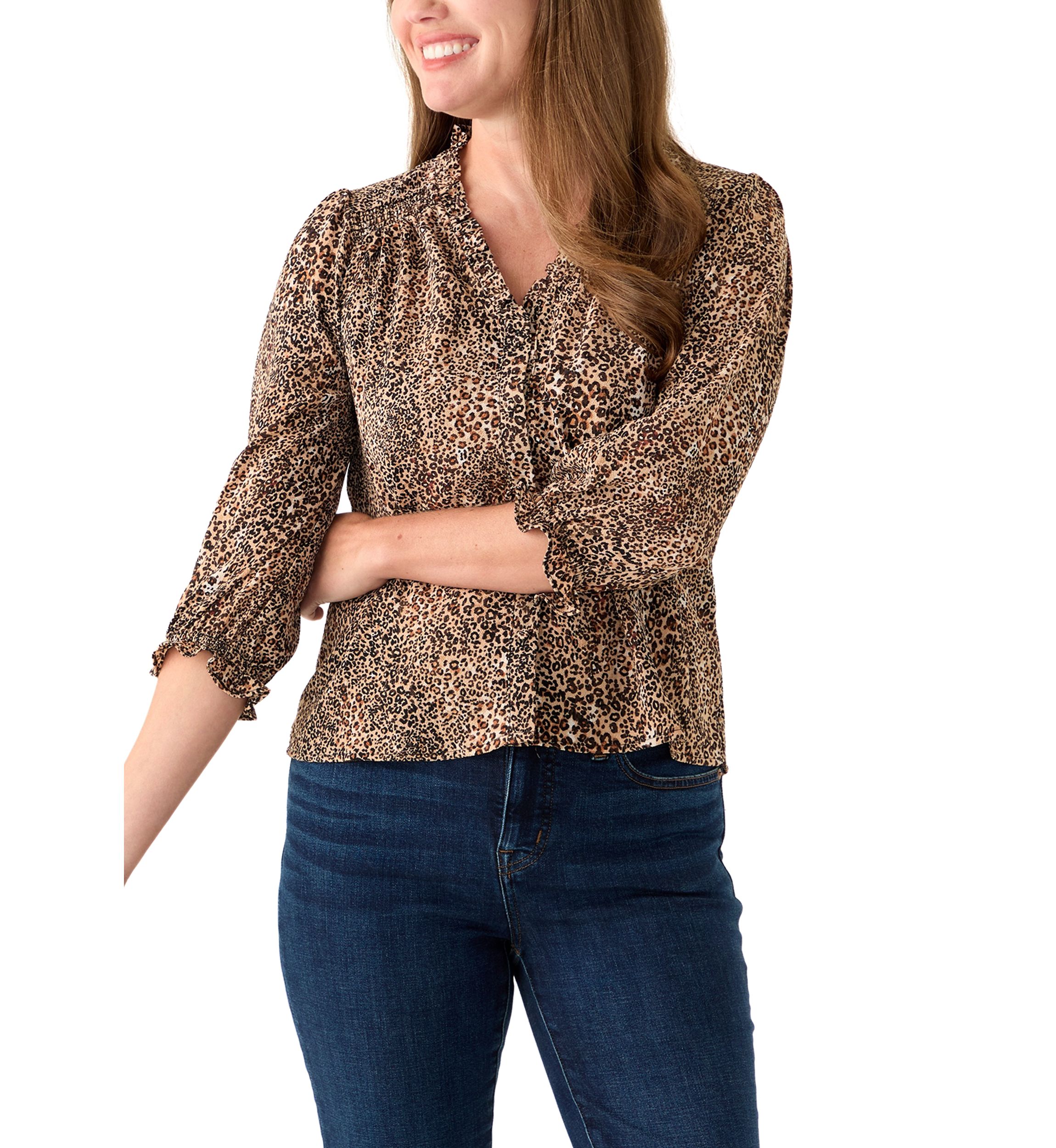 Petite 3/4 Sleeve Dune V-Neck Button Blouse