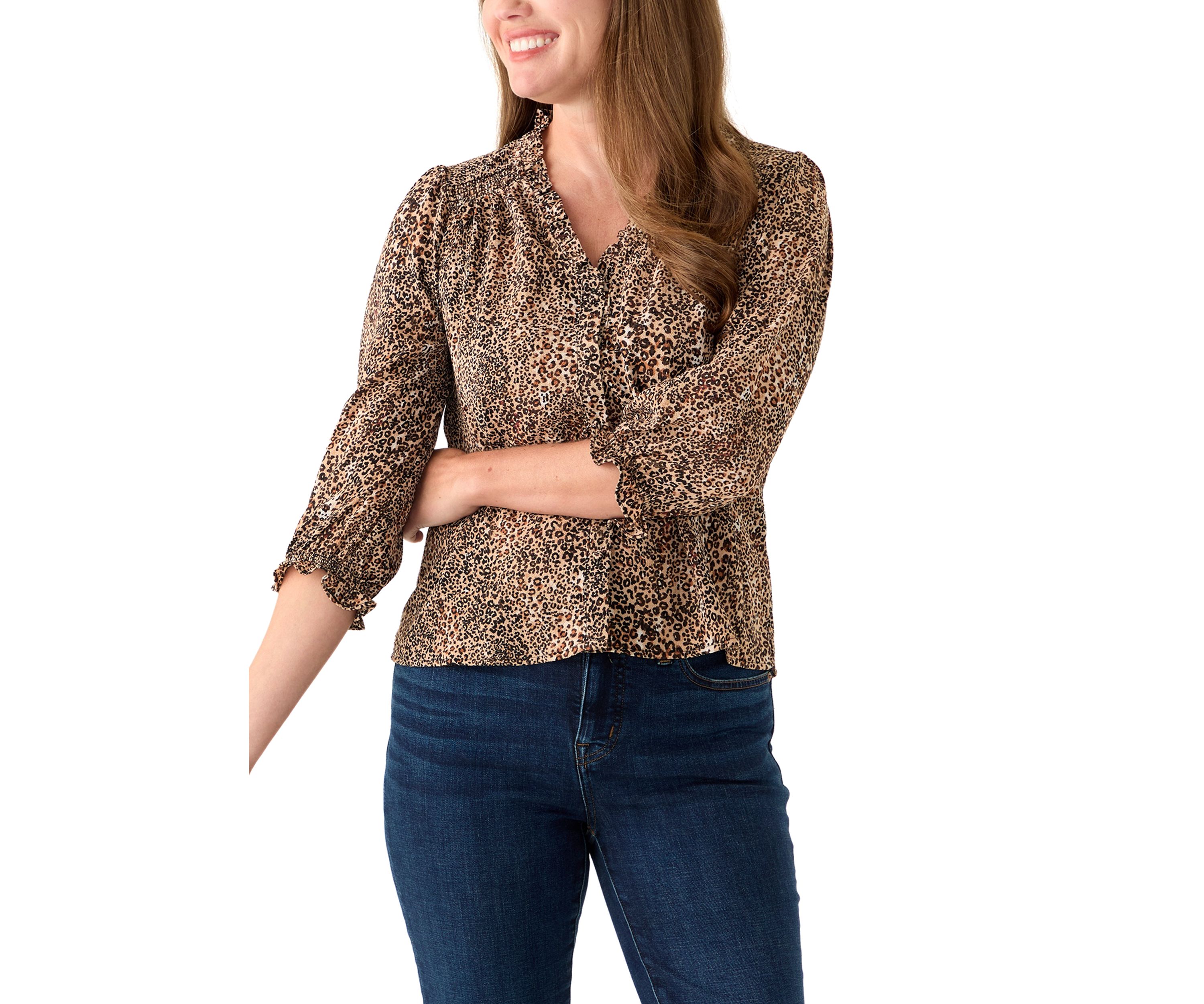 Petite 3/4 Sleeve Dune V-Neck Button Blouse