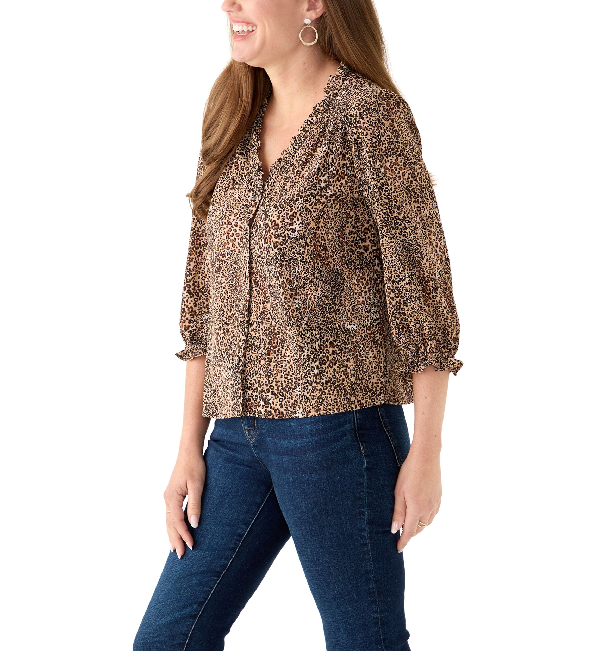 Petite 3/4 Sleeve Dune V-Neck Button Blouse