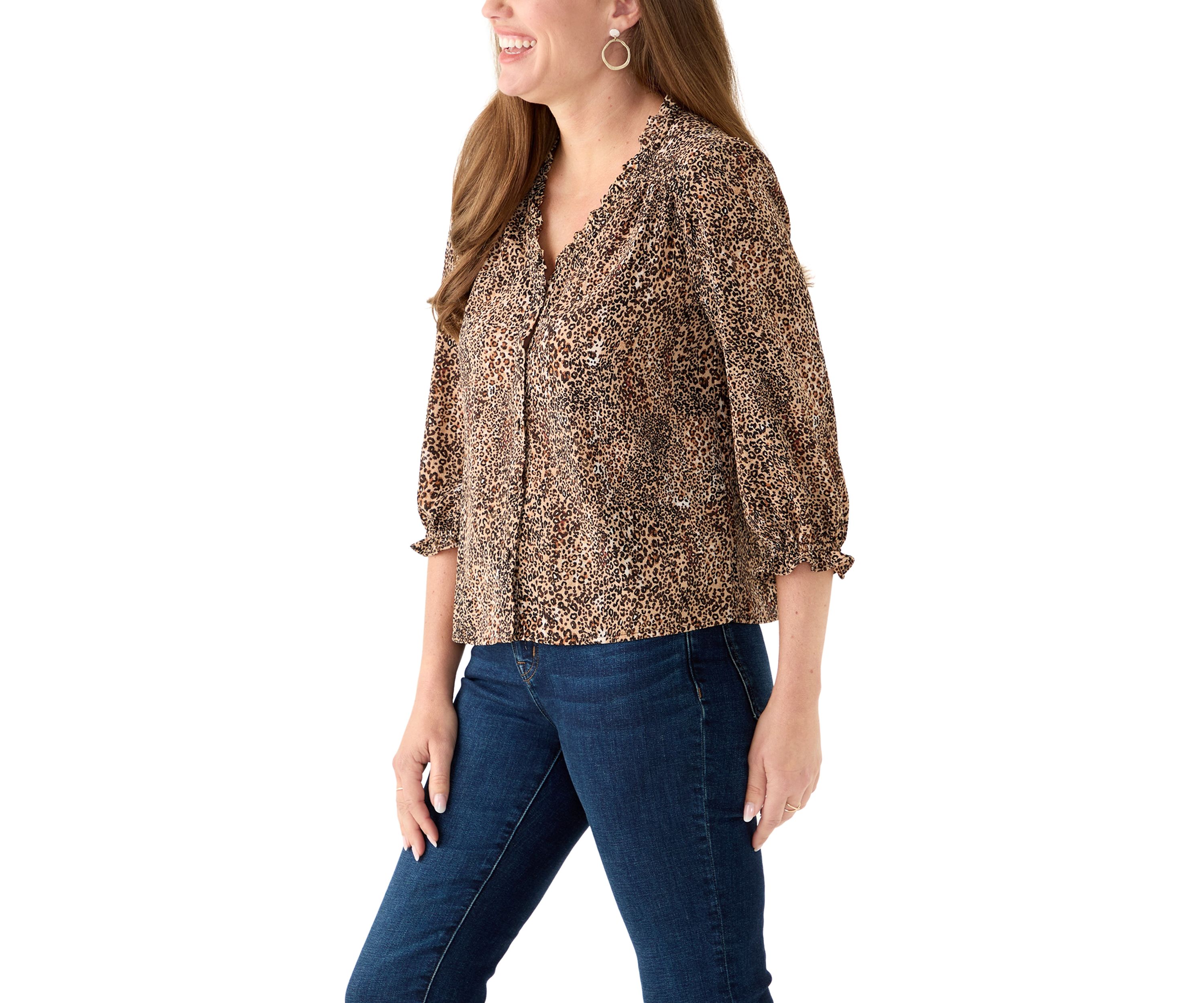 Petite 3/4 Sleeve Dune V-Neck Button Blouse