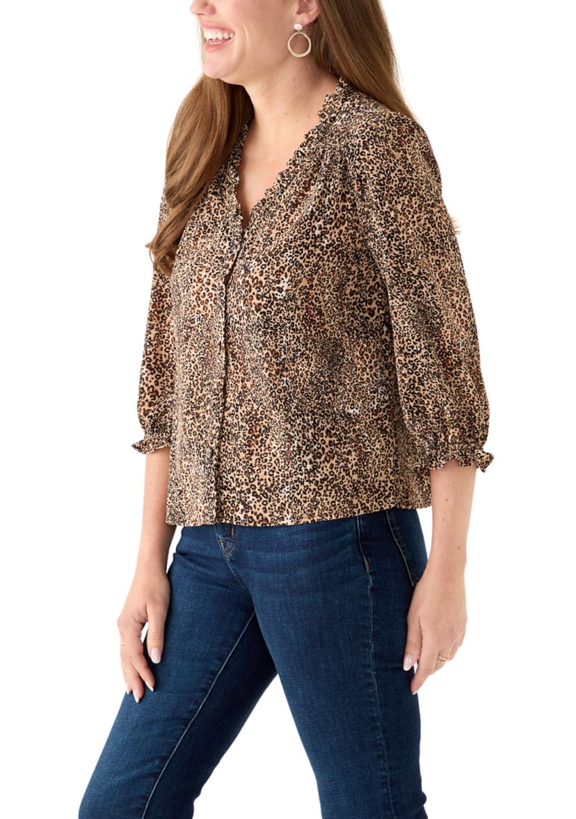 Petite 3/4 Sleeve Dune V-Neck Button Blouse