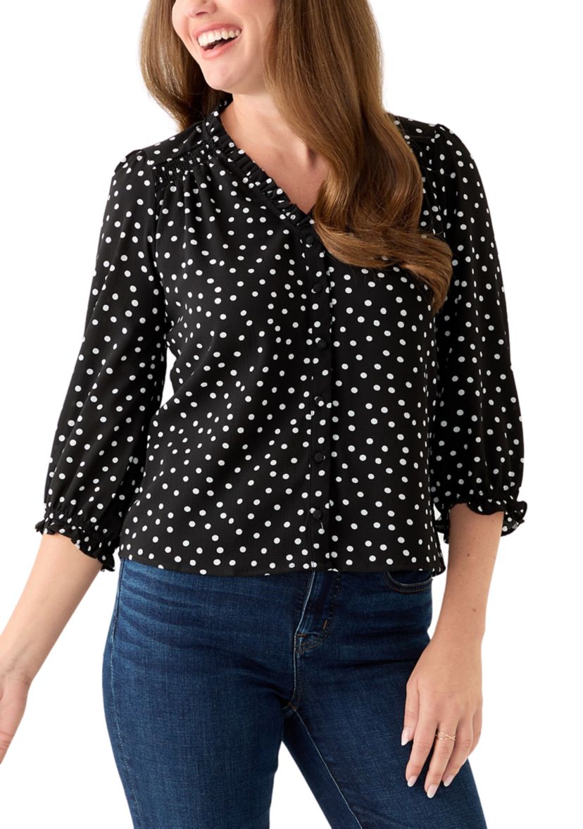 Petite 3/4 Sleeve Black V-Neck Button Blouse