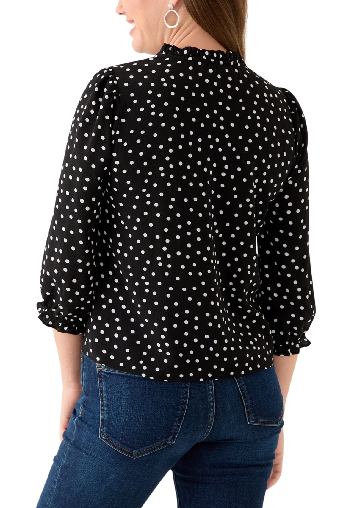 Petite 3/4 Sleeve Black V-Neck Button Blouse