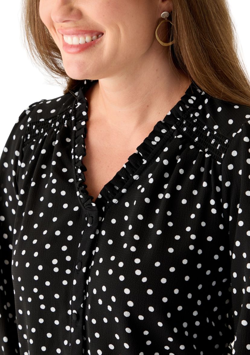 Petite 3/4 Sleeve Black V-Neck Button Blouse