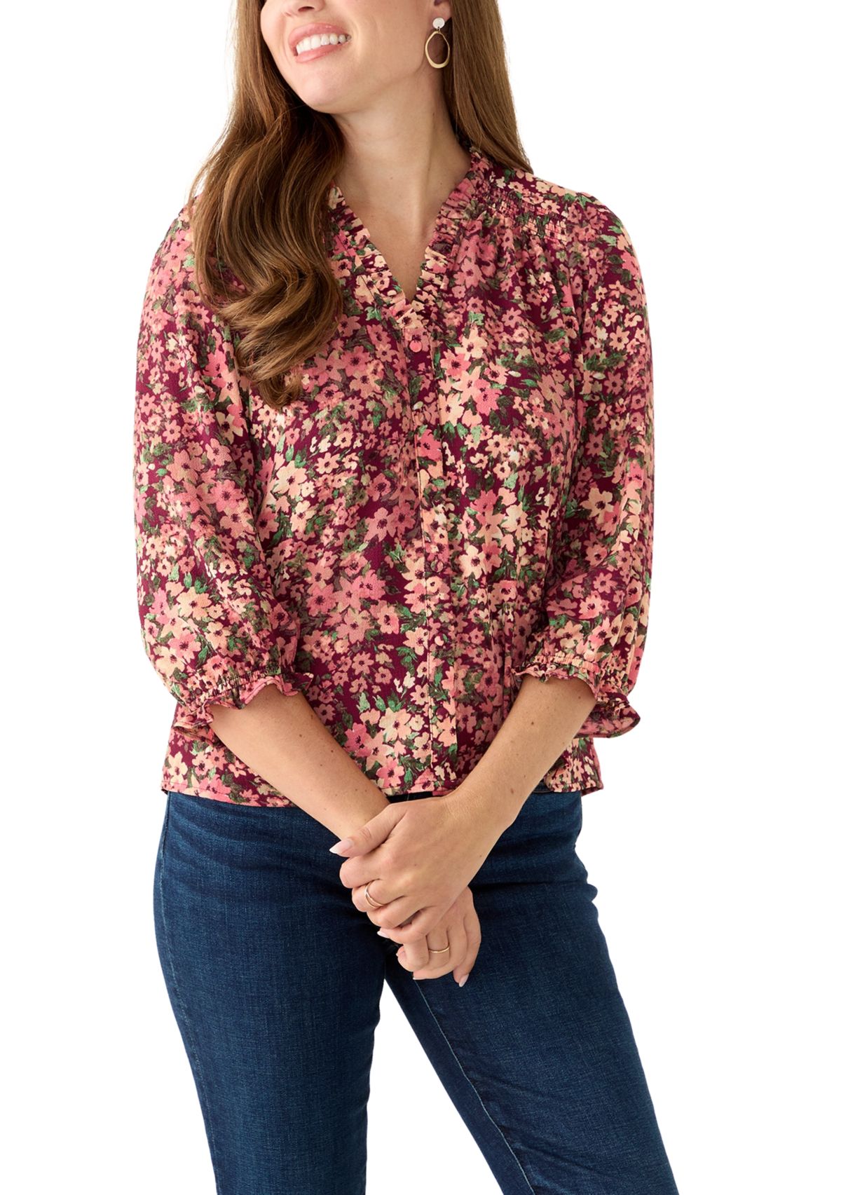 Petite 3/4 Sleeve Fresh Berry V-Neck Button Blouse