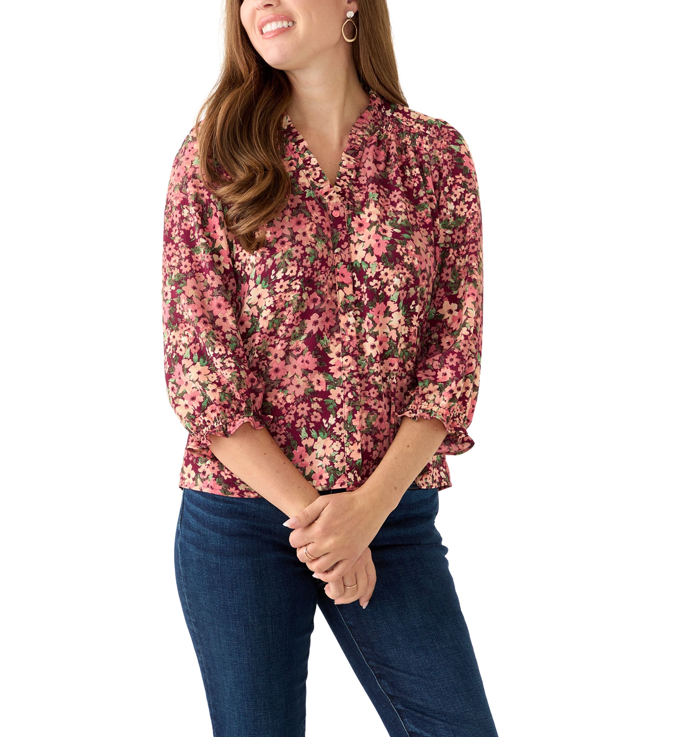 Petite 3/4 Sleeve Fresh Berry V-Neck Button Blouse