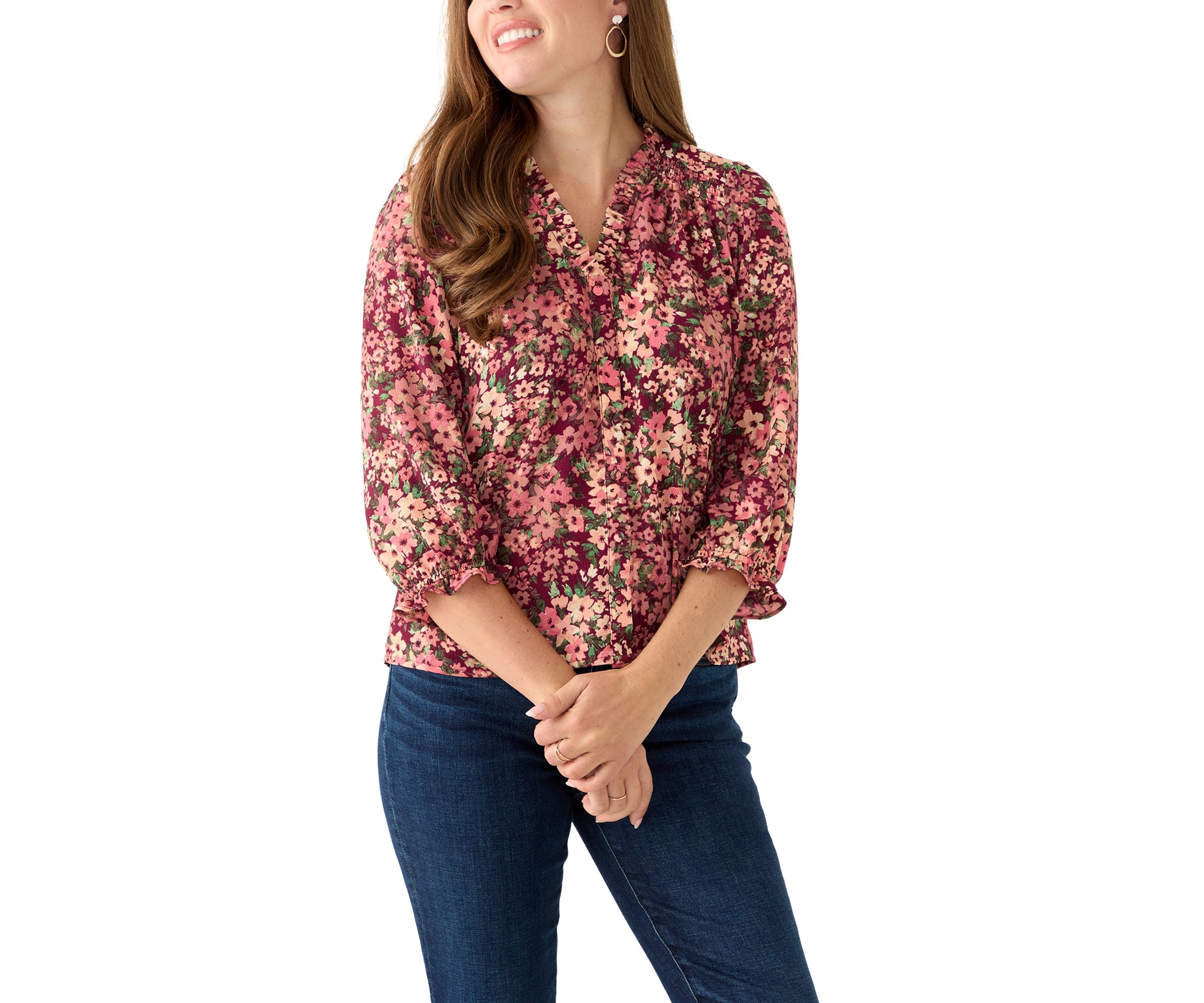 Petite 3/4 Sleeve Fresh Berry V-Neck Button Blouse
