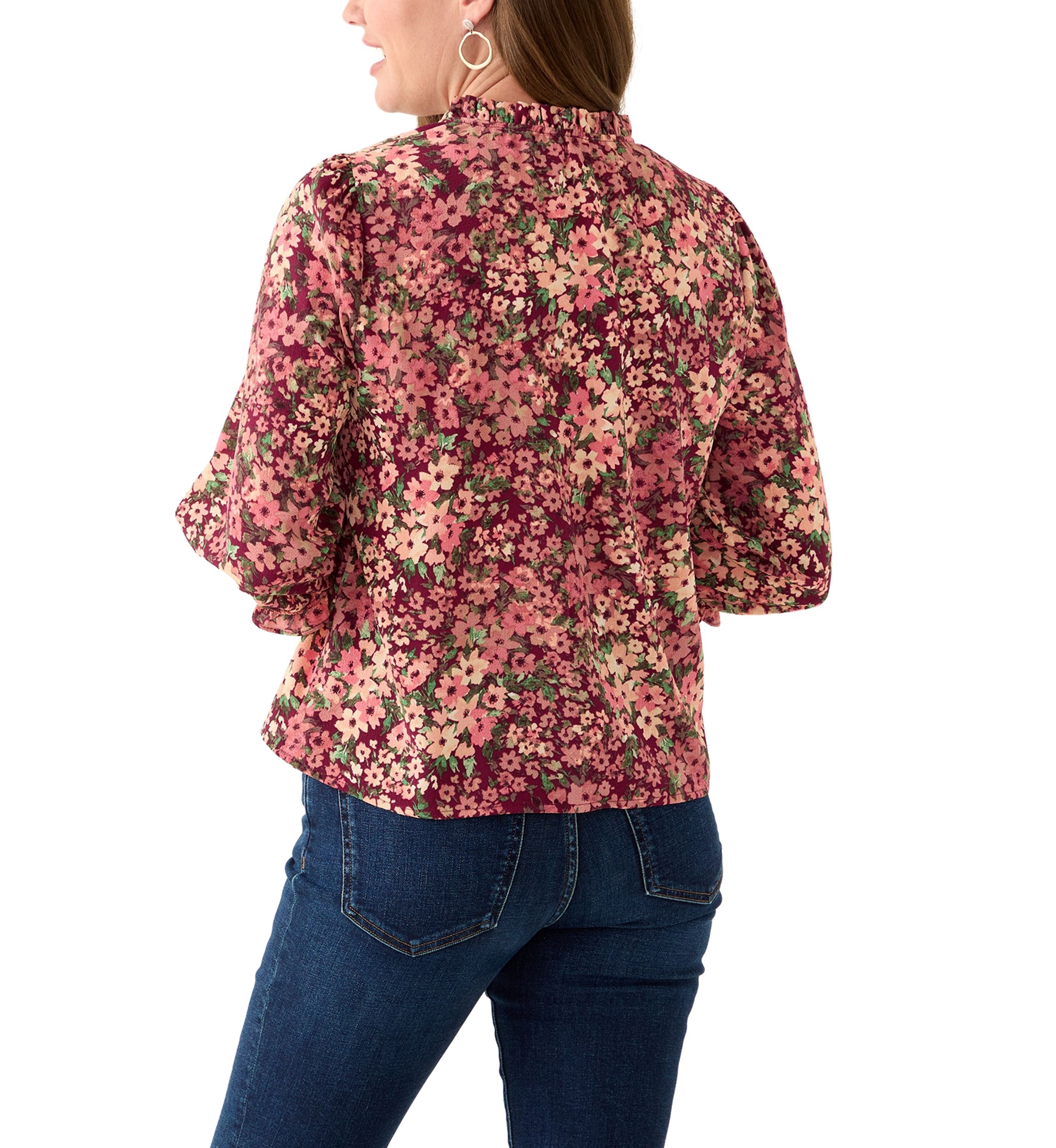 Petite 3/4 Sleeve Fresh Berry V-Neck Button Blouse