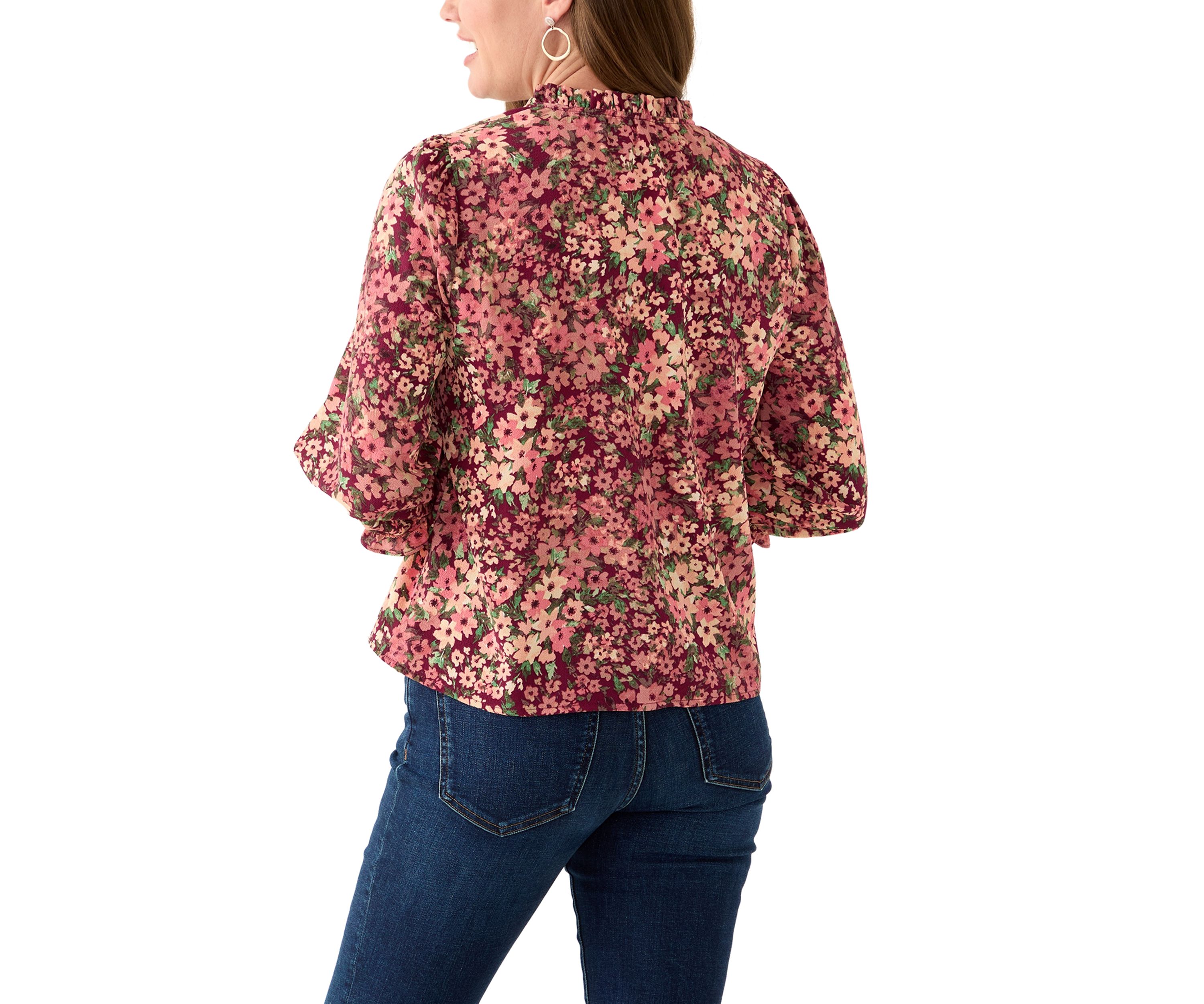 Petite 3/4 Sleeve Fresh Berry V-Neck Button Blouse
