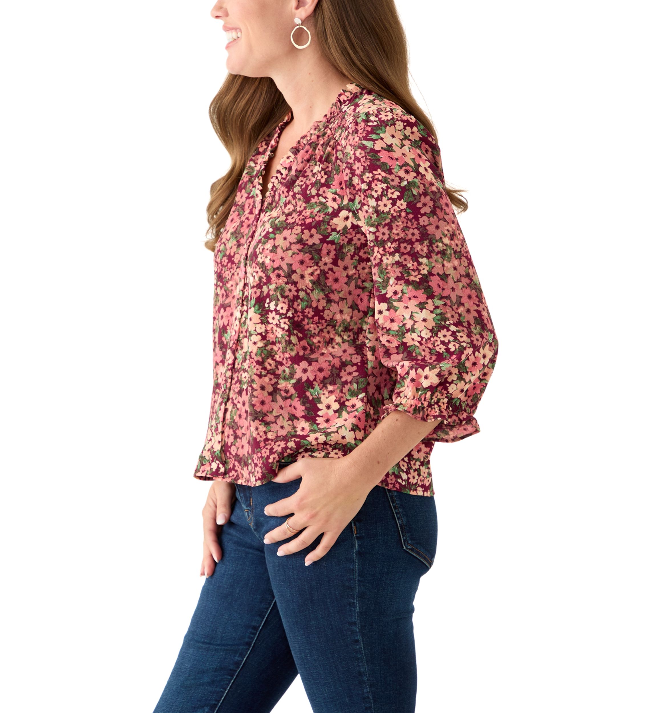 Petite 3/4 Sleeve Fresh Berry V-Neck Button Blouse