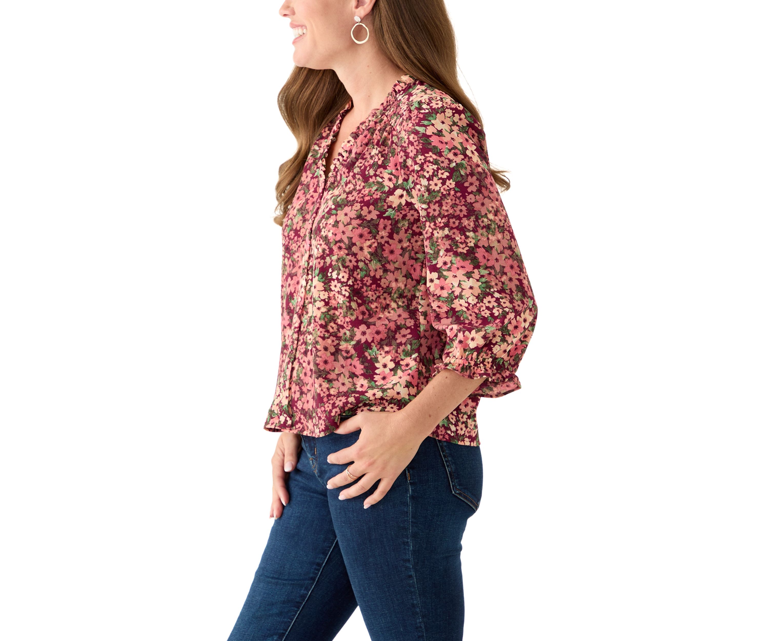 Petite 3/4 Sleeve Fresh Berry V-Neck Button Blouse
