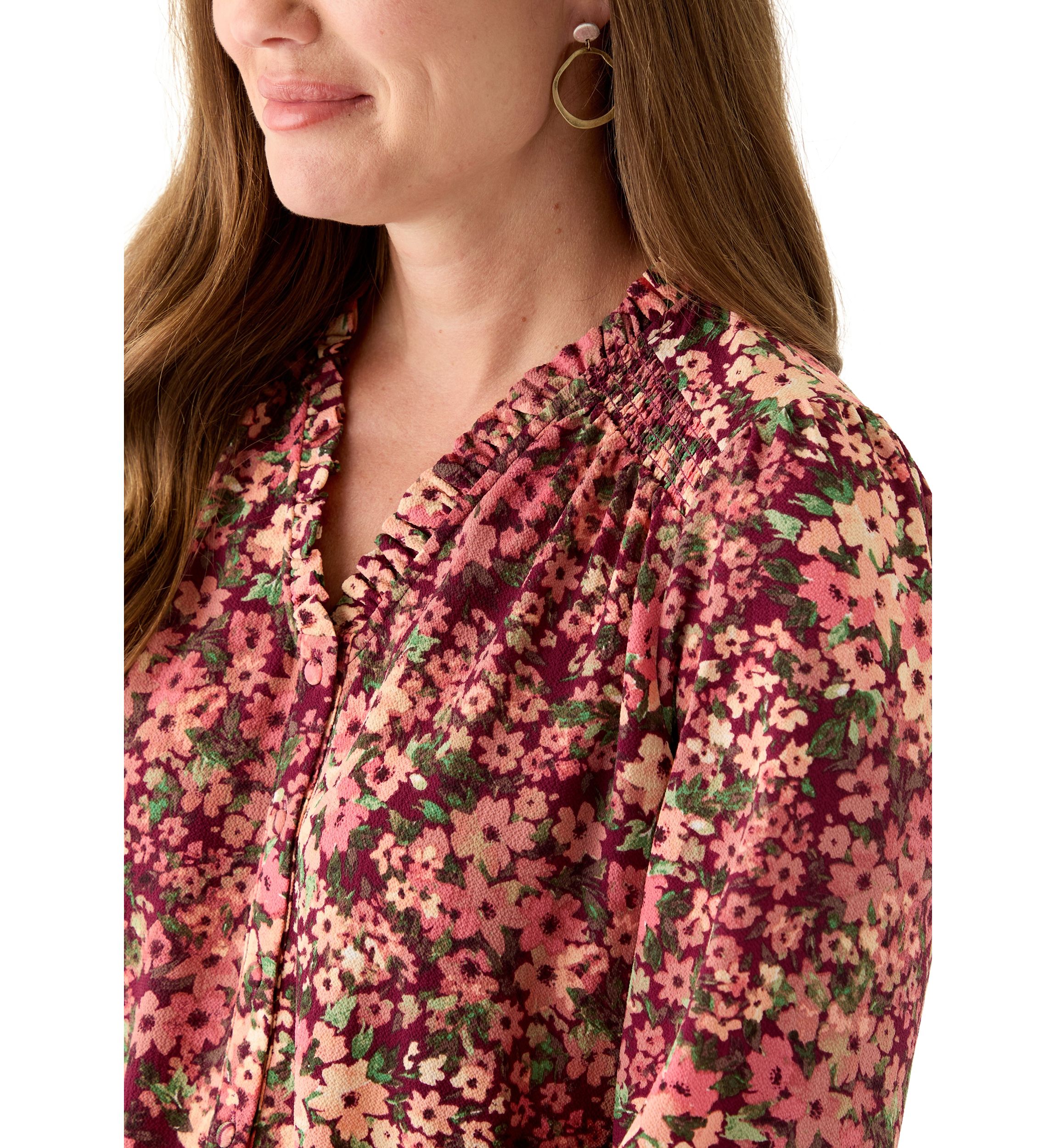 Petite 3/4 Sleeve Fresh Berry V-Neck Button Blouse
