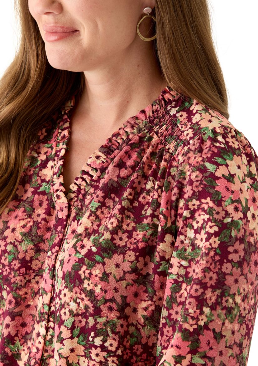 Petite 3/4 Sleeve Fresh Berry V-Neck Button Blouse