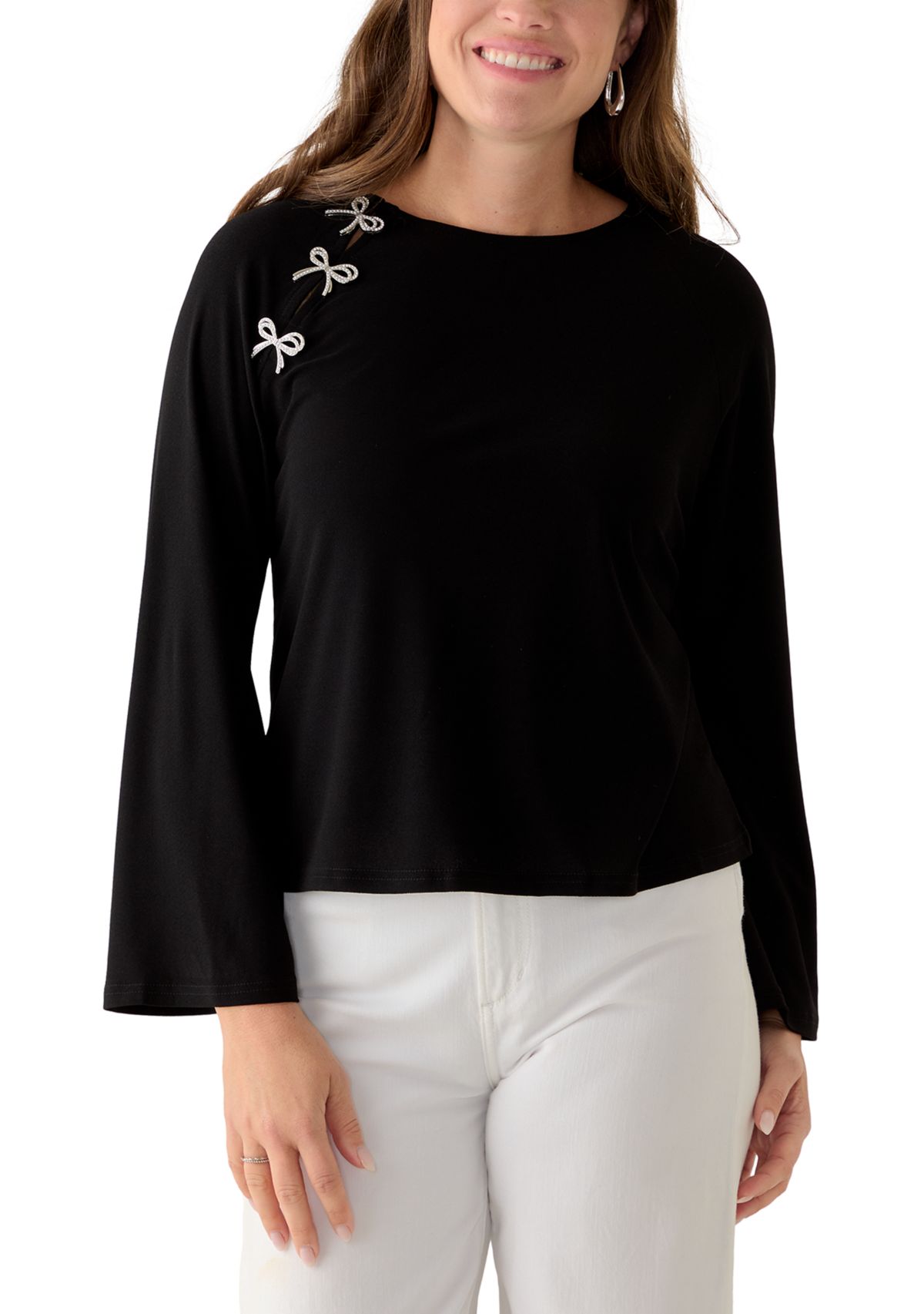 Petite Bow Placket Long Sleeve Blouse