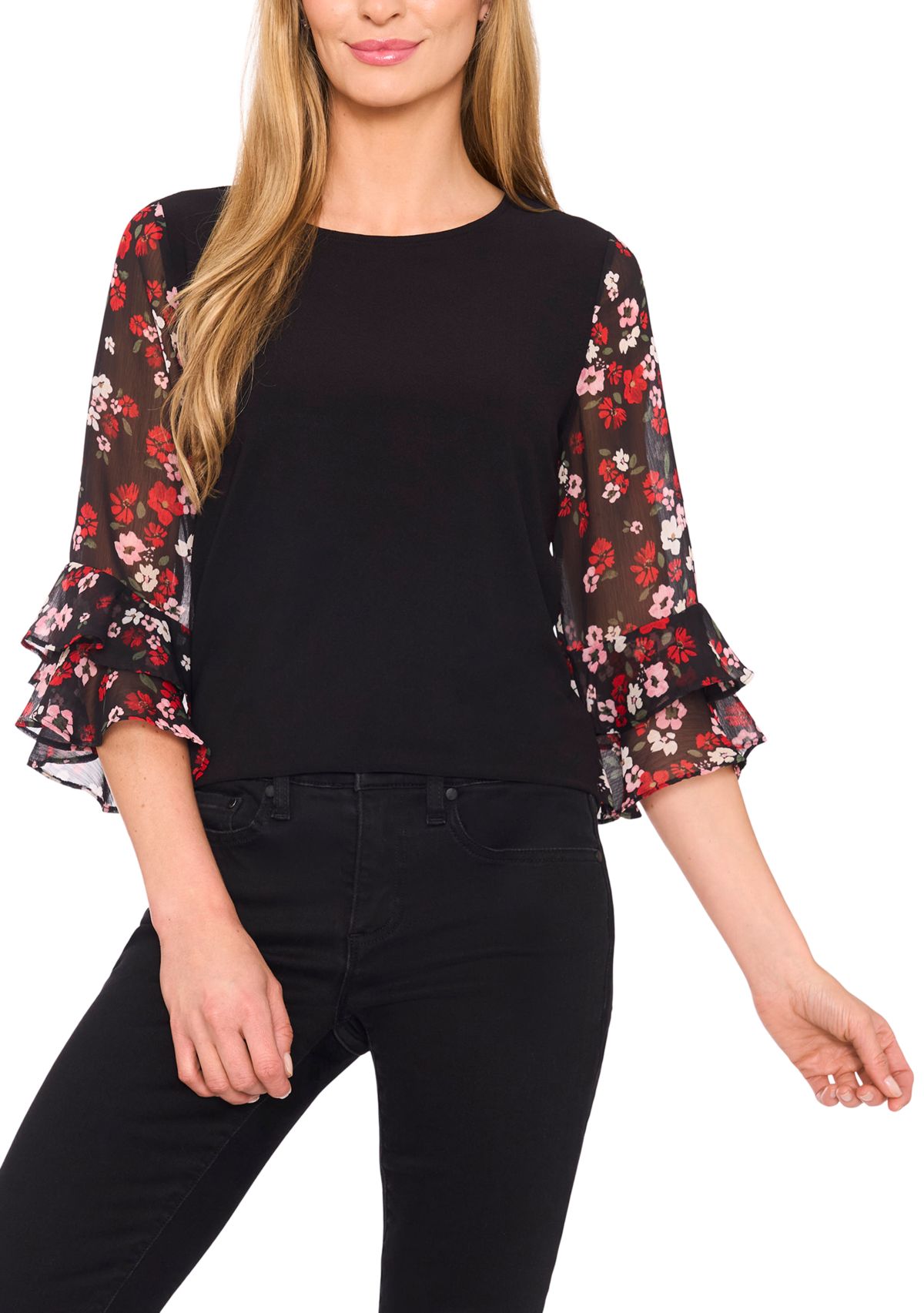 Petite 3/4 Ruffle Sleeve Mixed Media Blouse