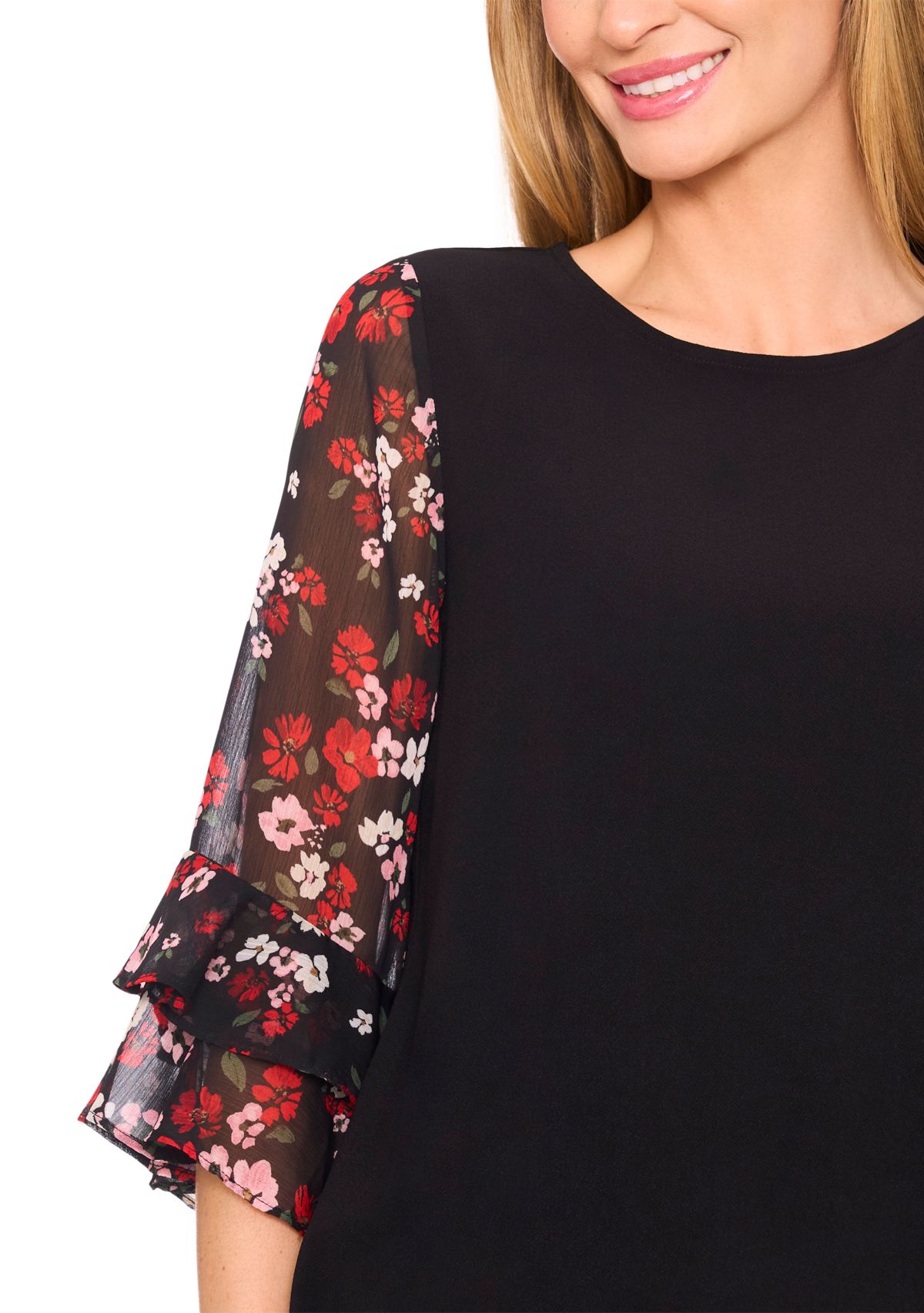 Petite 3/4 Ruffle Sleeve Mixed Media Blouse