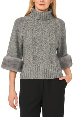 CeCe Women's Petite 3/4 Sleeve Fur Trim Cable Knit Sweater, Grey, PXL