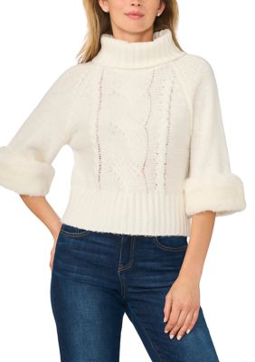 CeCe Women's Petite 3/4 Sleeve Fur Trim Cable Knit Sweater, White, PXL