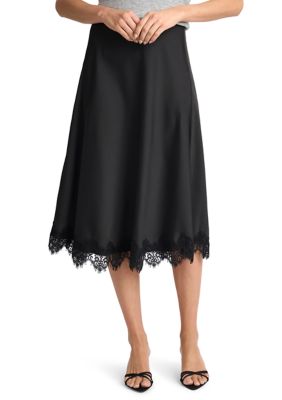 CeCe Women's Petite Lace Trime Satin Midi Skirt, Black, PS