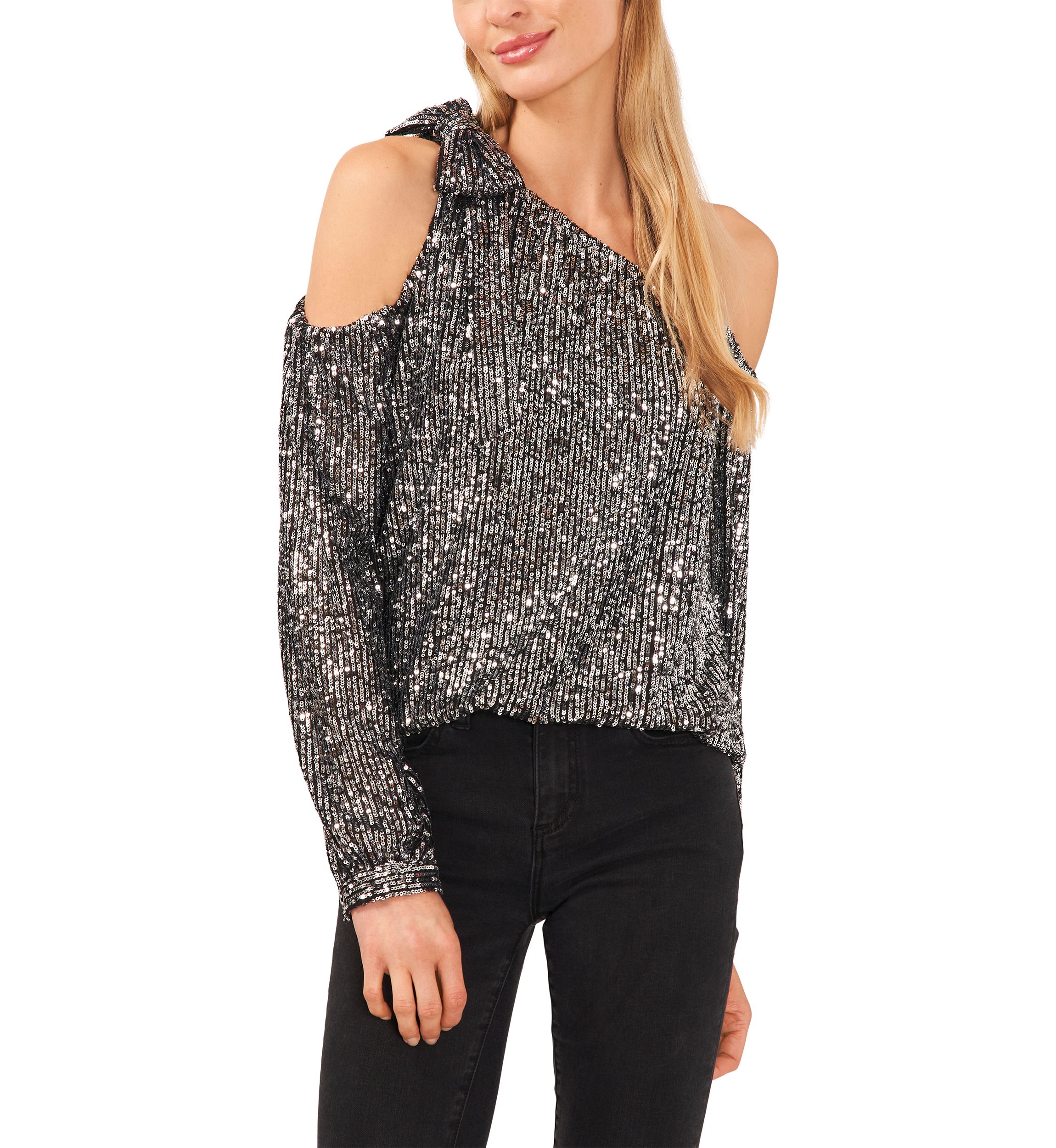 Petite Long Sleeve One Shoulder Bow Neck Sequin Blouse