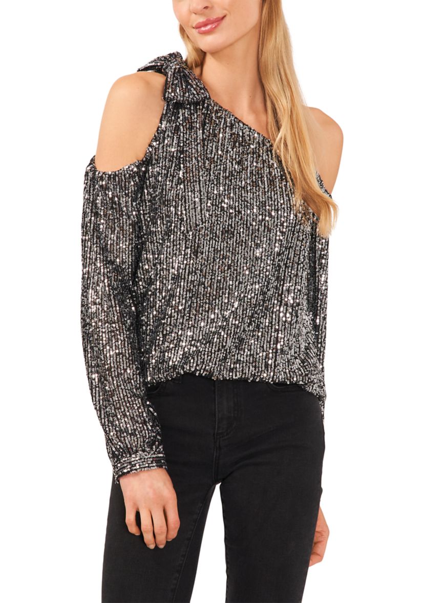 Petite Long Sleeve One Shoulder Bow Neck Sequin Blouse