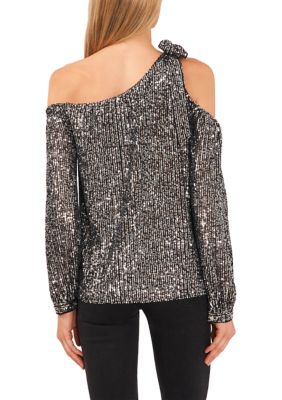 Petite Long Sleeve One Shoulder Bow Neck Sequin Blouse