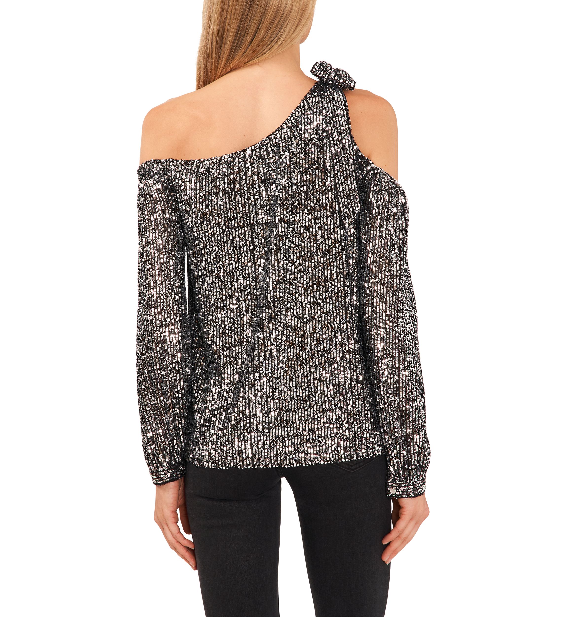 Petite Long Sleeve One Shoulder Bow Neck Sequin Blouse