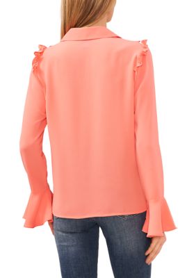 Petite V-Neck Bow Front Ruffle Blouse