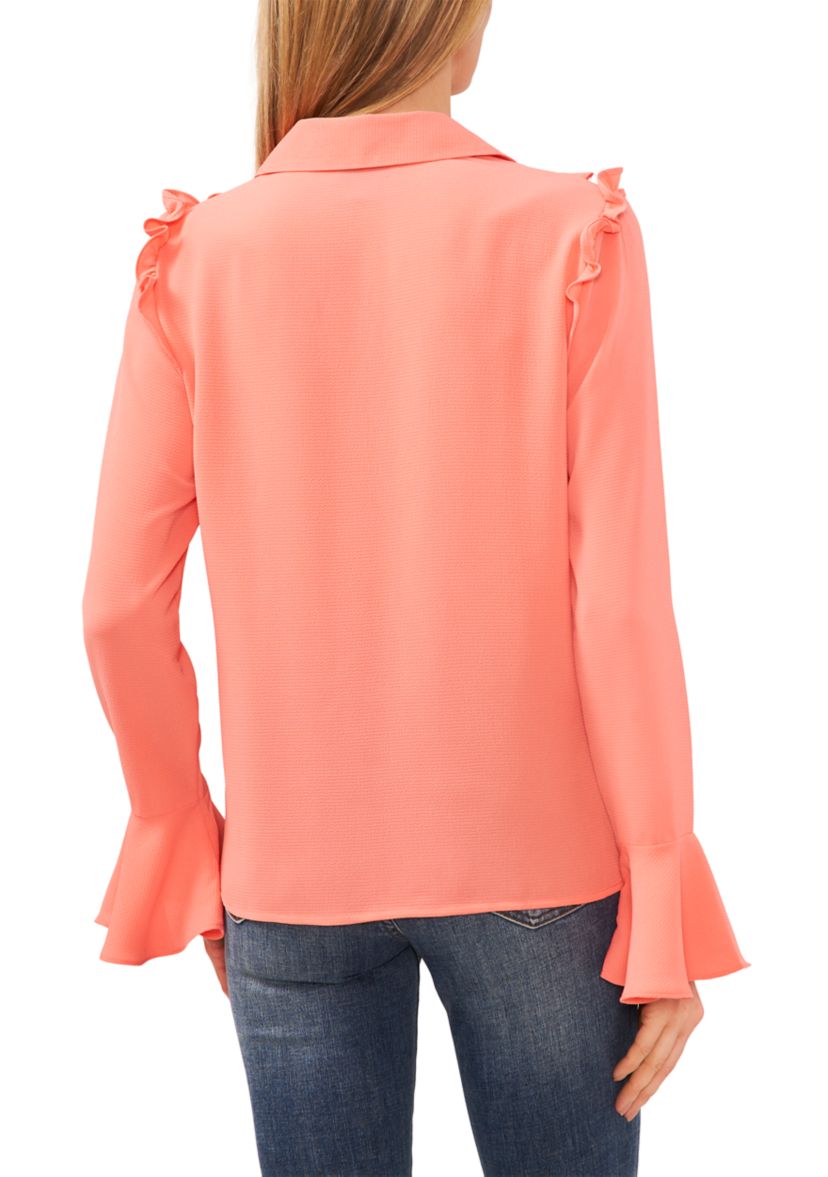 Petite V-Neck Bow Front Ruffle Blouse