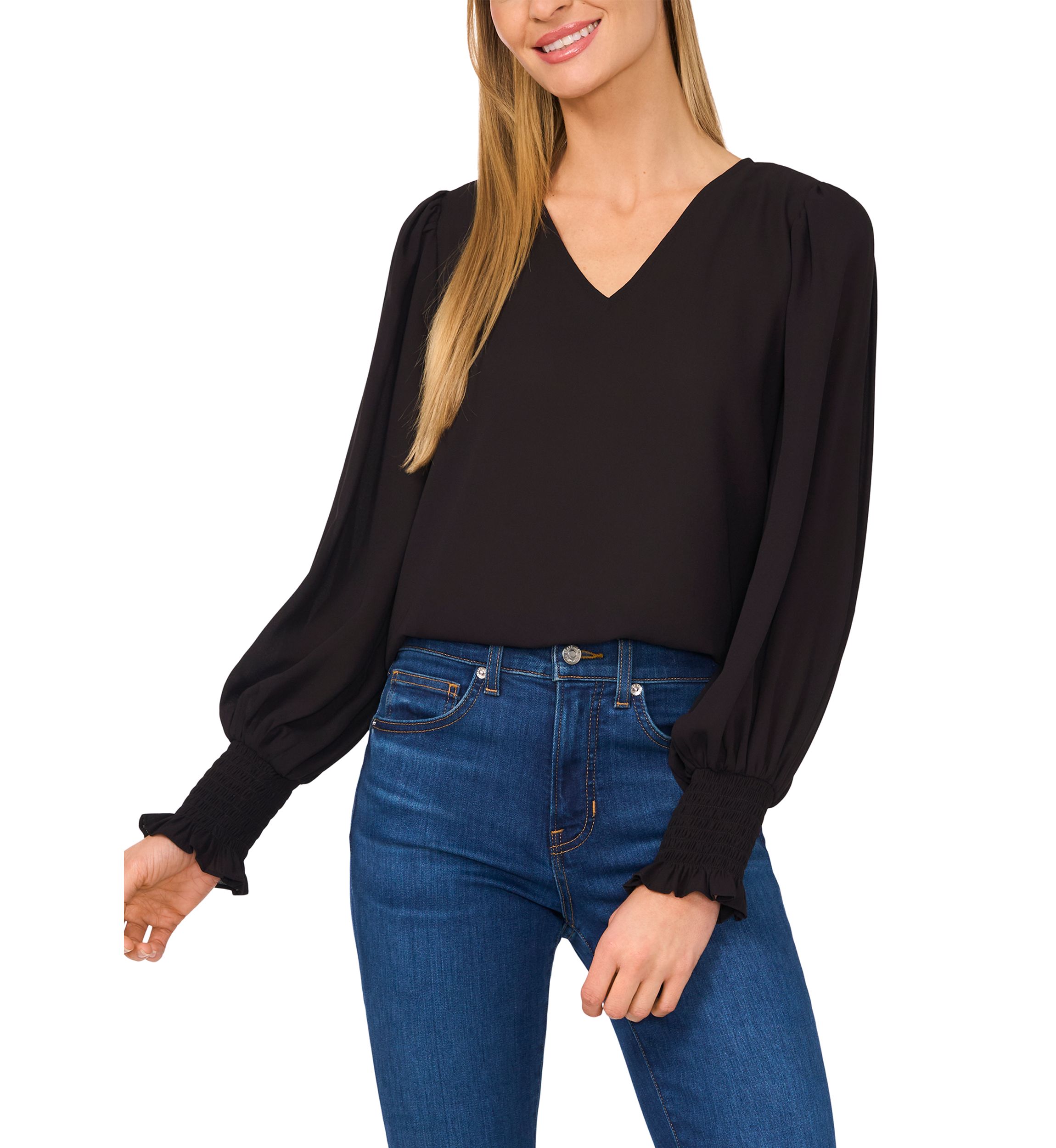Petite Long Sleeve Blouse with Smocking