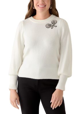 CeCe Women's Petite Puff Sleeve Embellished Bow Pullover Sweater, White, PL