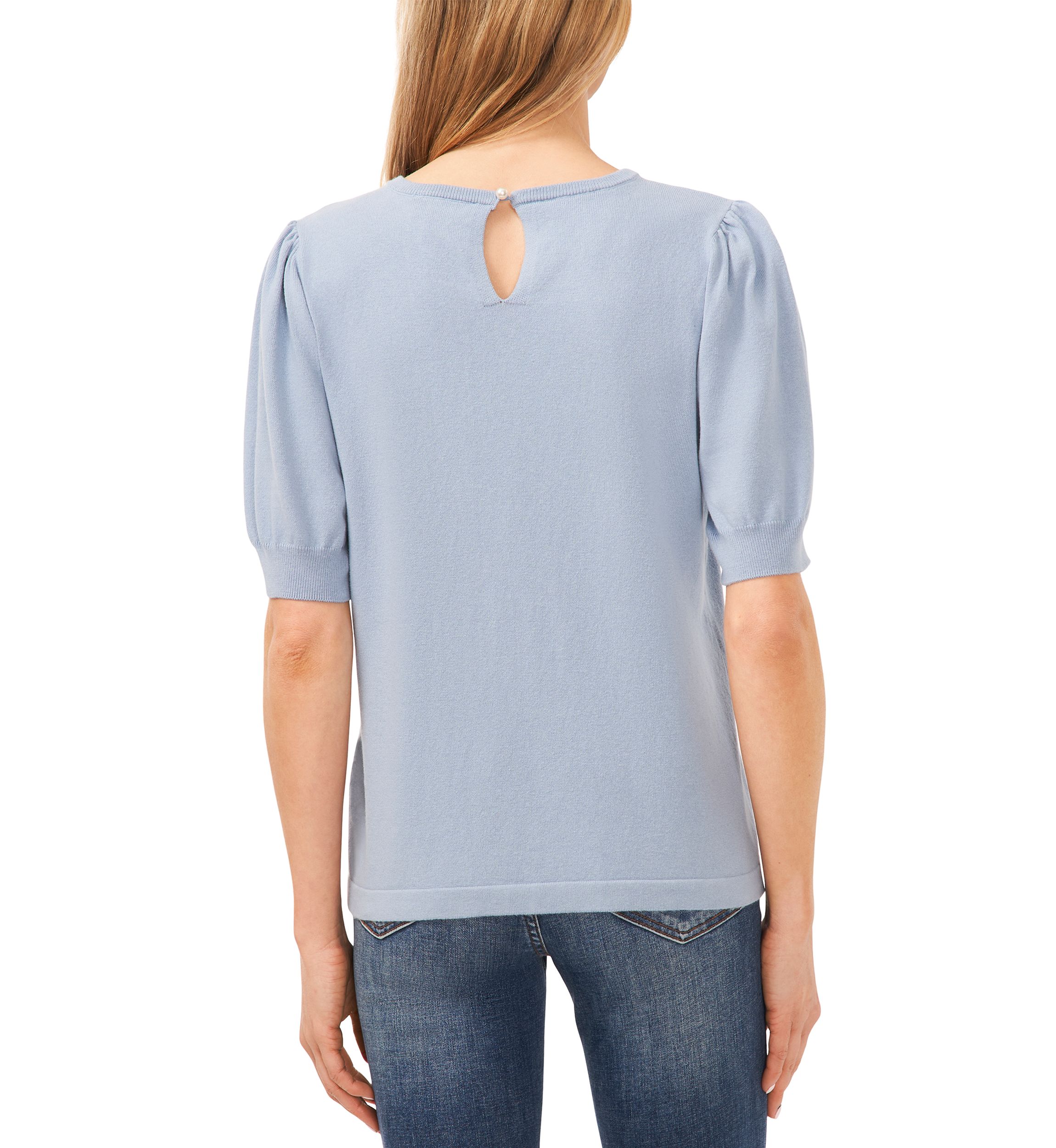 Petite Short Sleeve Crew Neck Blouse with Pearl Buttons