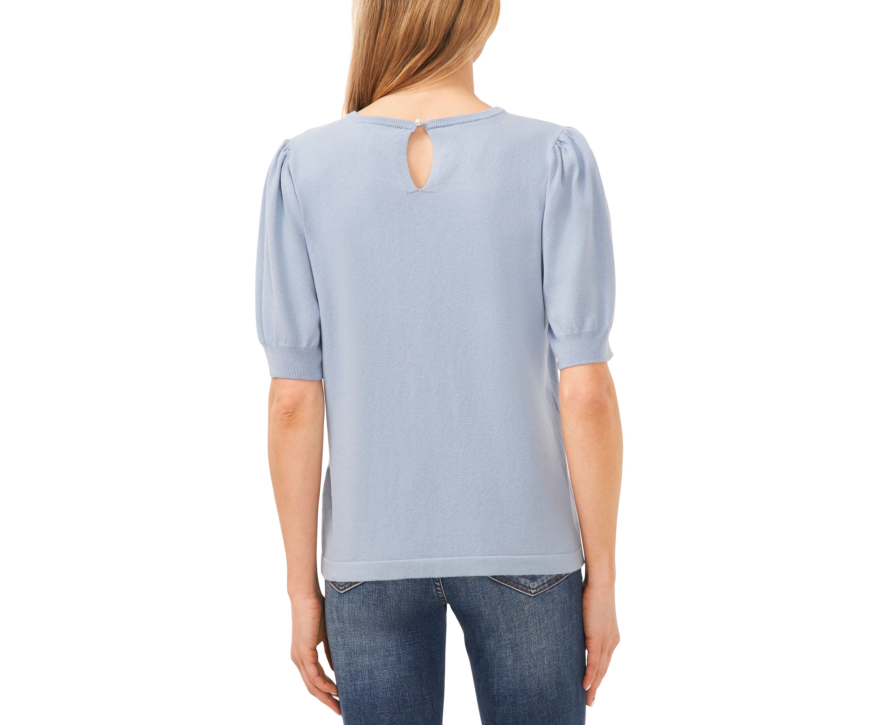 Petite Short Sleeve Crew Neck Blouse with Pearl Buttons