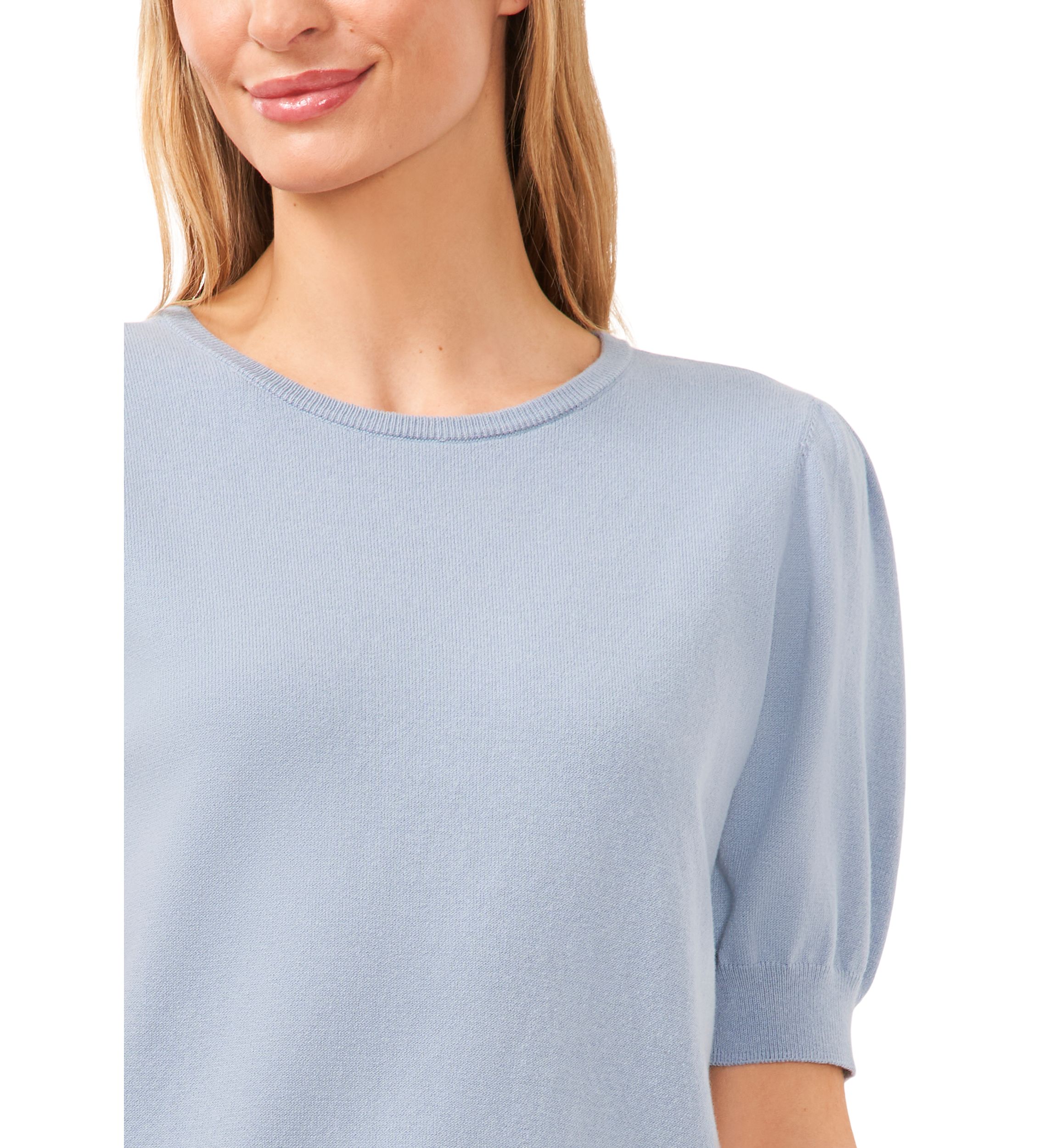 Petite Short Sleeve Crew Neck Blouse with Pearl Buttons