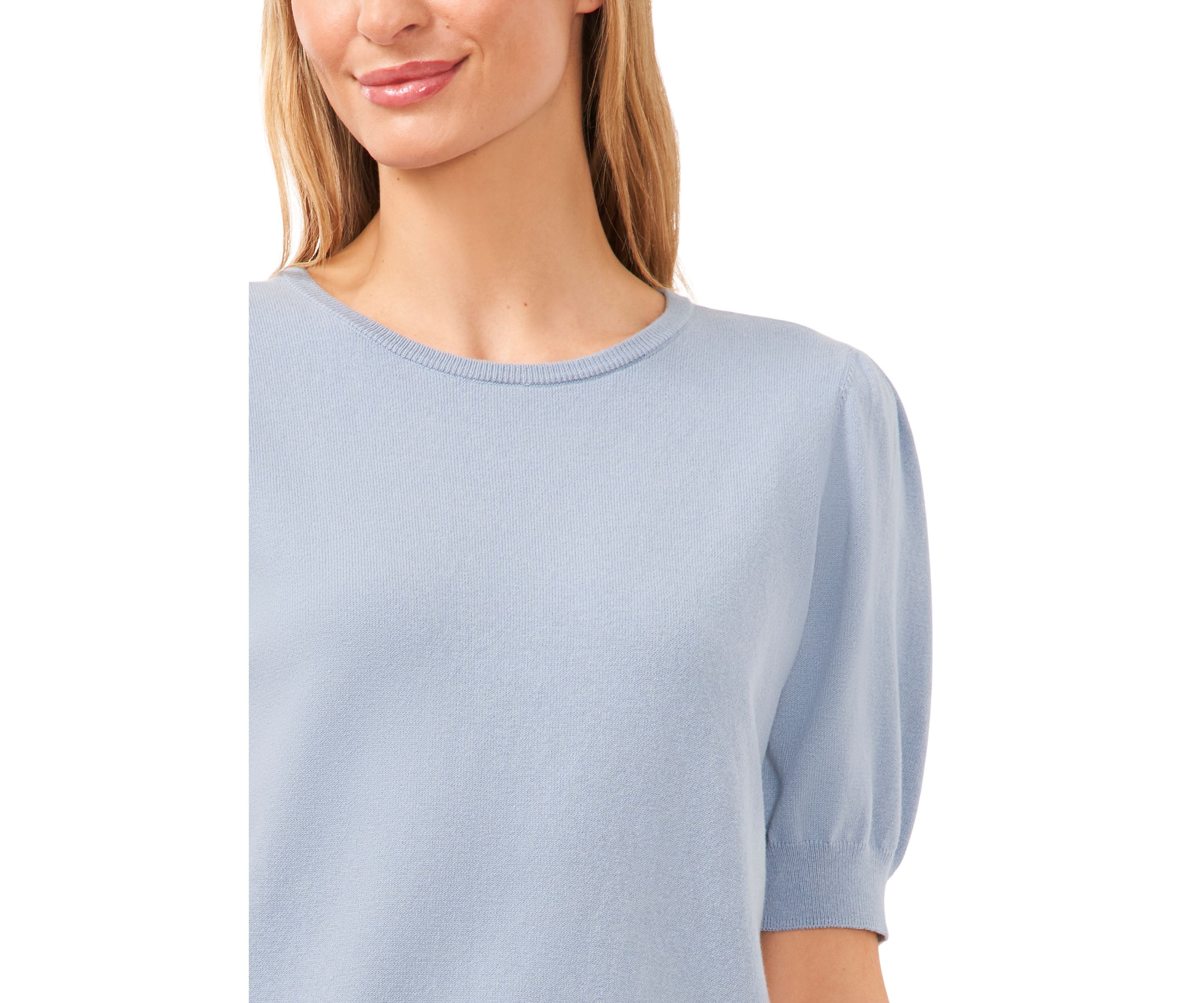 Petite Short Sleeve Crew Neck Blouse with Pearl Buttons
