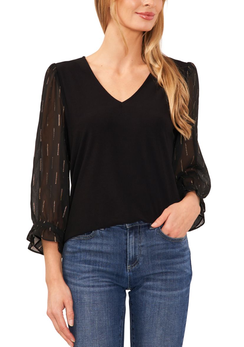 Petite V-Neck Mixed Media Top