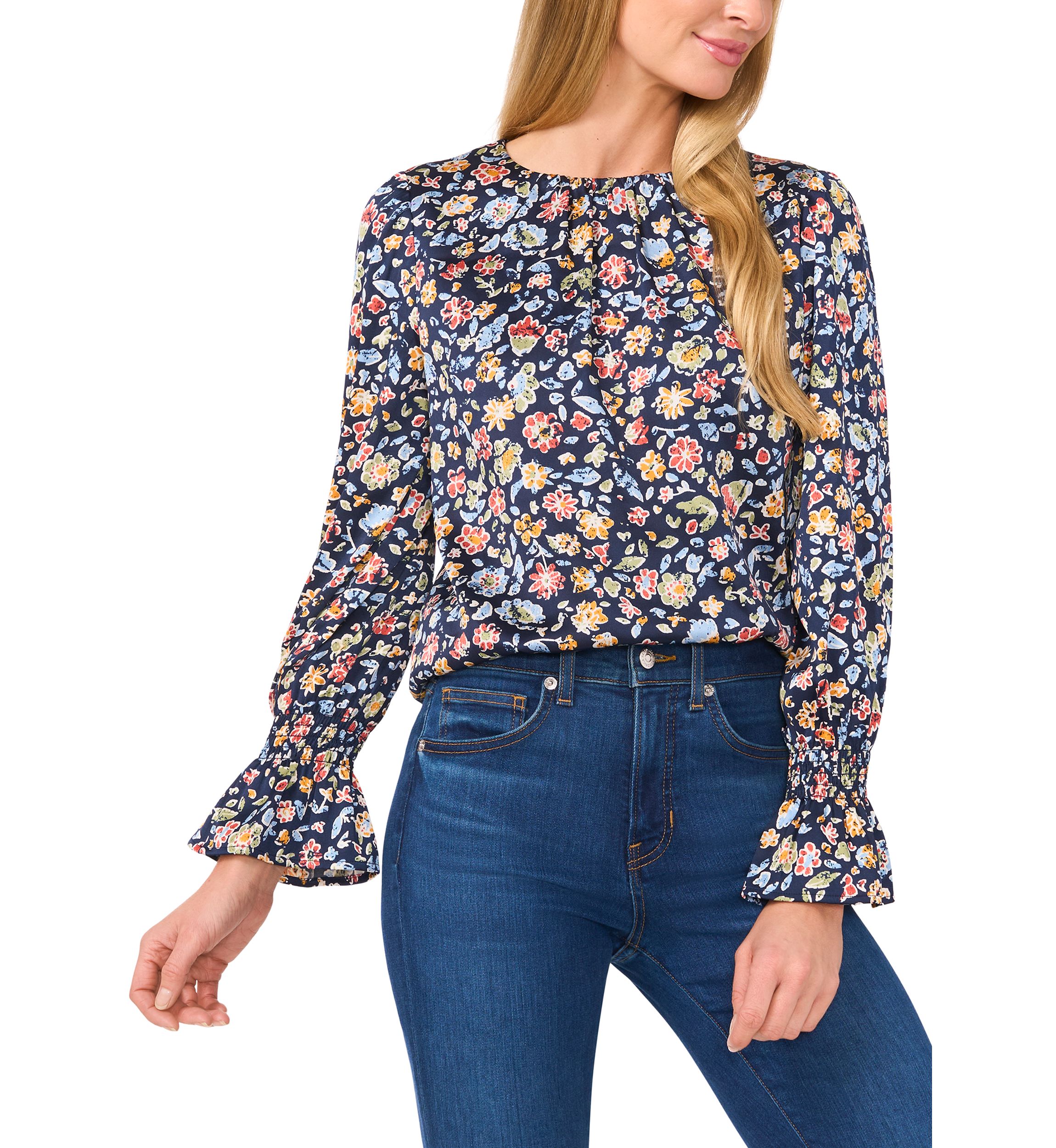 Petite Long Shirred Neck Blouse