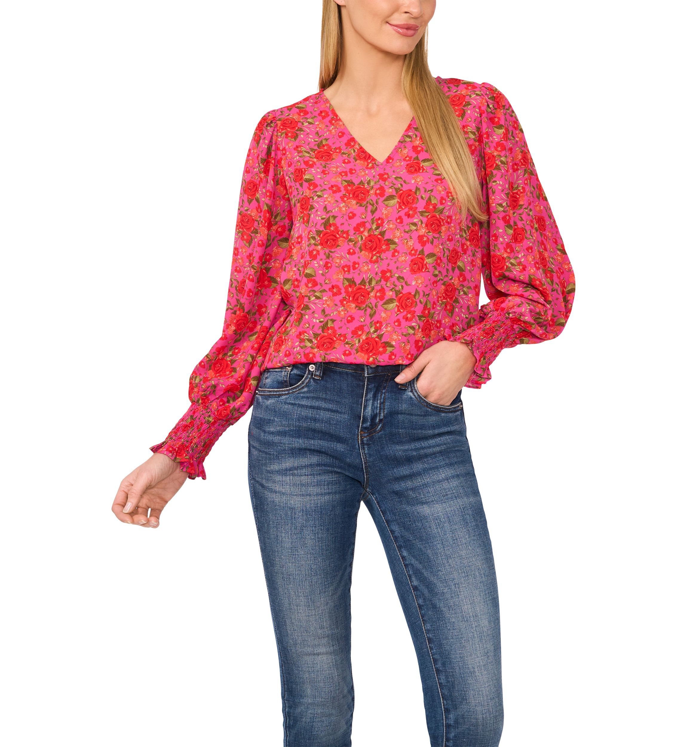 Petite Long Sleeve V-Neck Blouse with Smocking 