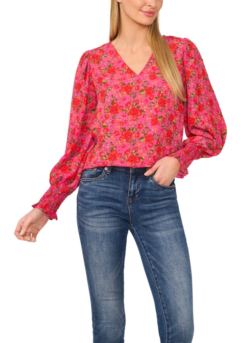 Petite Long Sleeve V-Neck Blouse with Smocking 