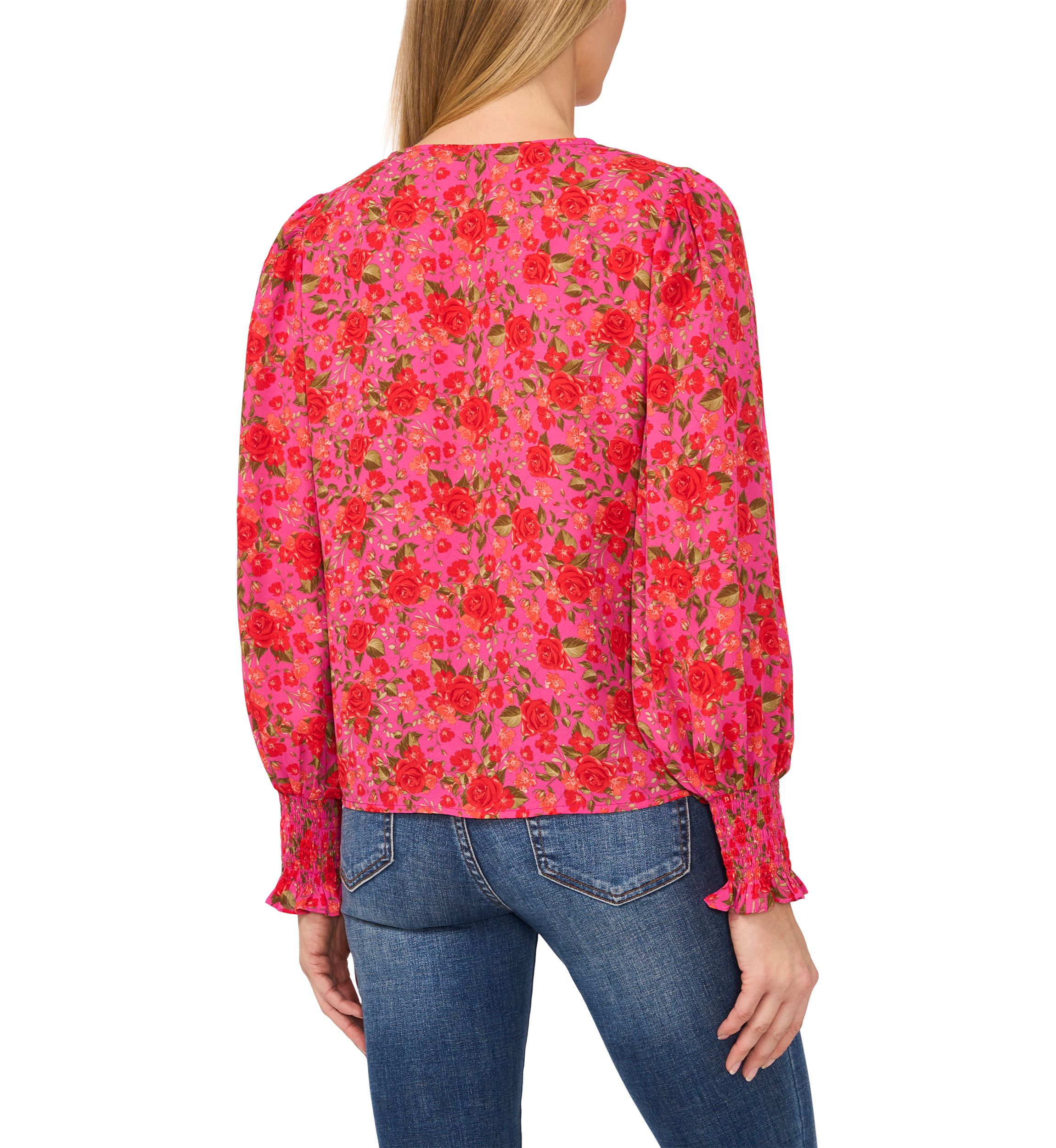 Petite Long Sleeve V-Neck Blouse with Smocking 