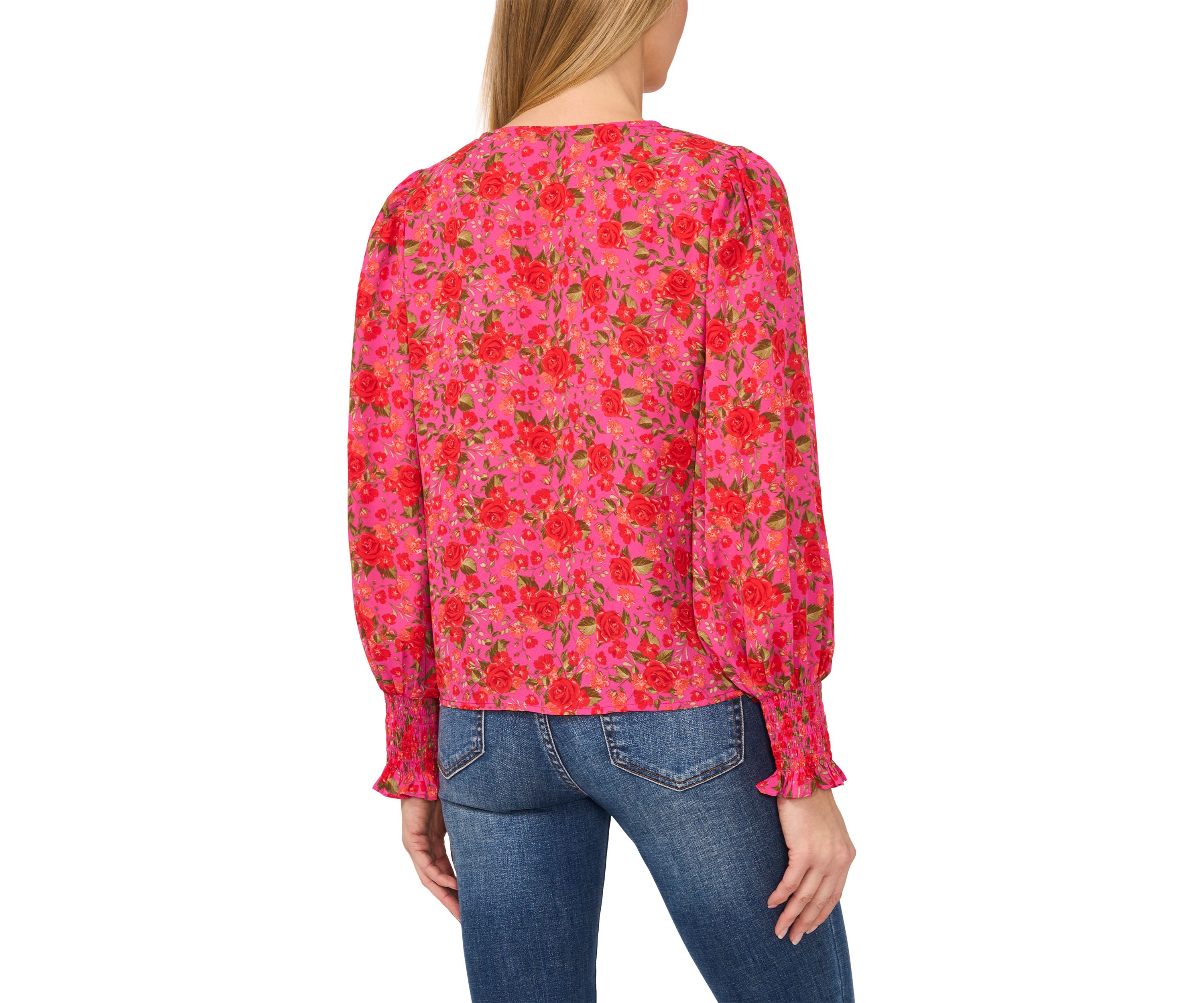 Petite Long Sleeve V-Neck Blouse with Smocking 