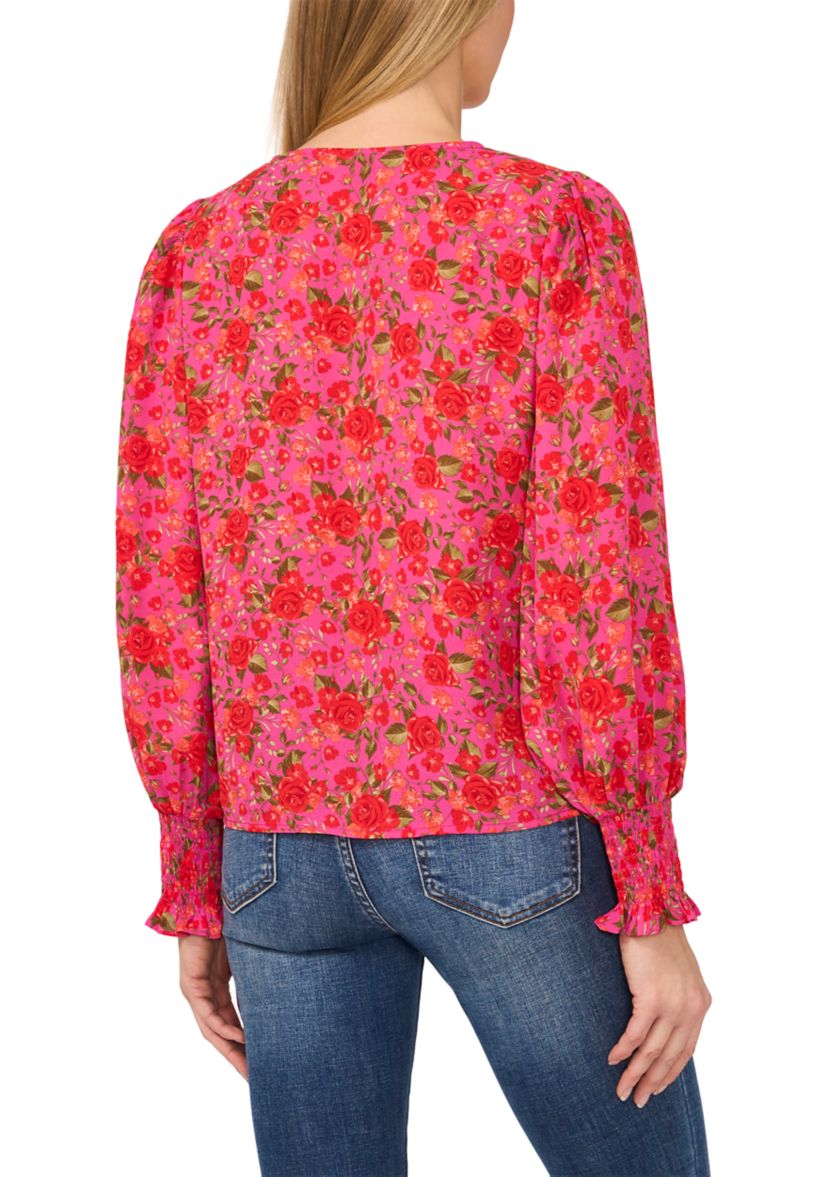 Petite Long Sleeve V-Neck Blouse with Smocking 